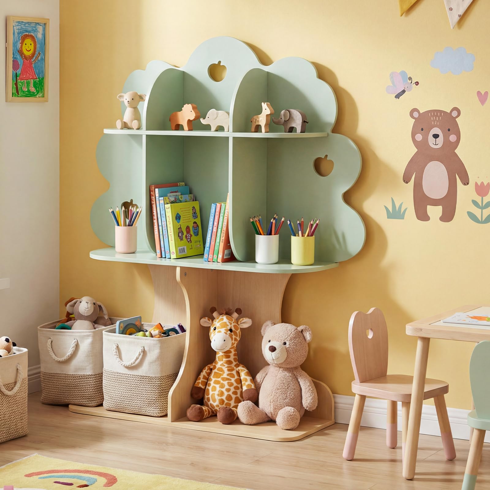 COSTWAY Libreria per Bambini a Forma di Albero, Scaffale per Giocattoli con 8 Scomparti Aperti e 2 Kit Antiribaltamento, Contenitore Salvaspazio per Salotto, Asilo Nido, Studio, 97 x 28 x 114 cm