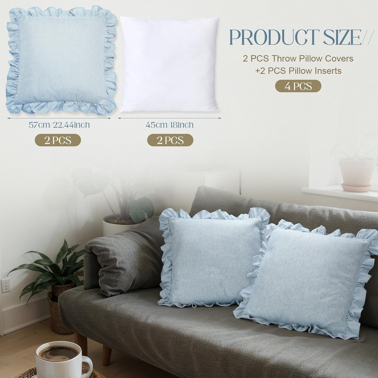 Set of 2 Light Blue Ruffle Throw Pillows with Inserts Decorative Linen Zippered Pillows 18 x 18 Inch Include Detachable Pillowcase and Non Woven Fabric Inserts for Cushion Bed Couch Sofa