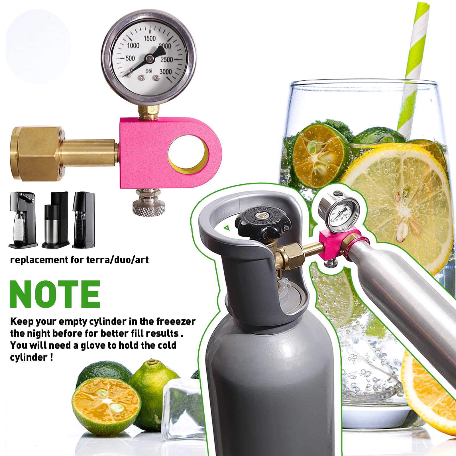 Adattatore di ricarica CO2 compatibile con Duo, Art e Terra, adattatore di ricarica CO2 per connettore W21.8-14 CO2, adattatore per bottiglia CO2 con manometro da 3000psi (rosa)
