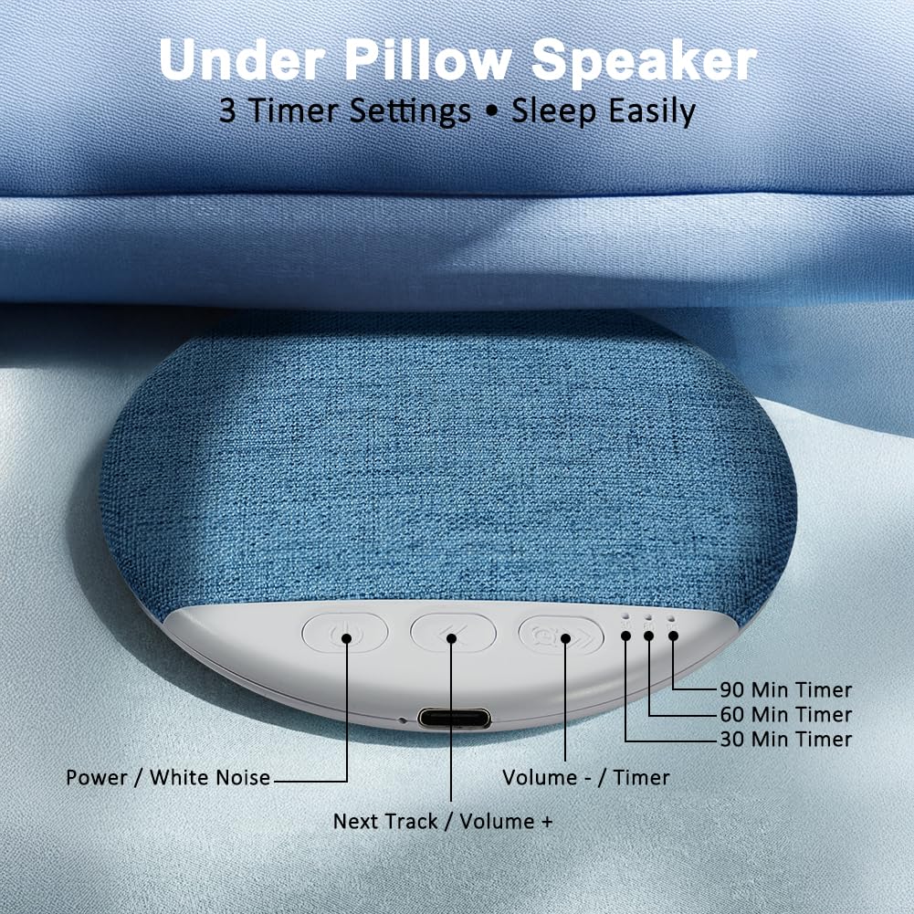 Głośnik pod poduszką do spania, ultra cienki głośnik pod poduszką Bluetooth 5.4, przewodzenie kostne z białym szumem i timerem dla osób śpiących na boku i do głębokiego snu (niebieski)