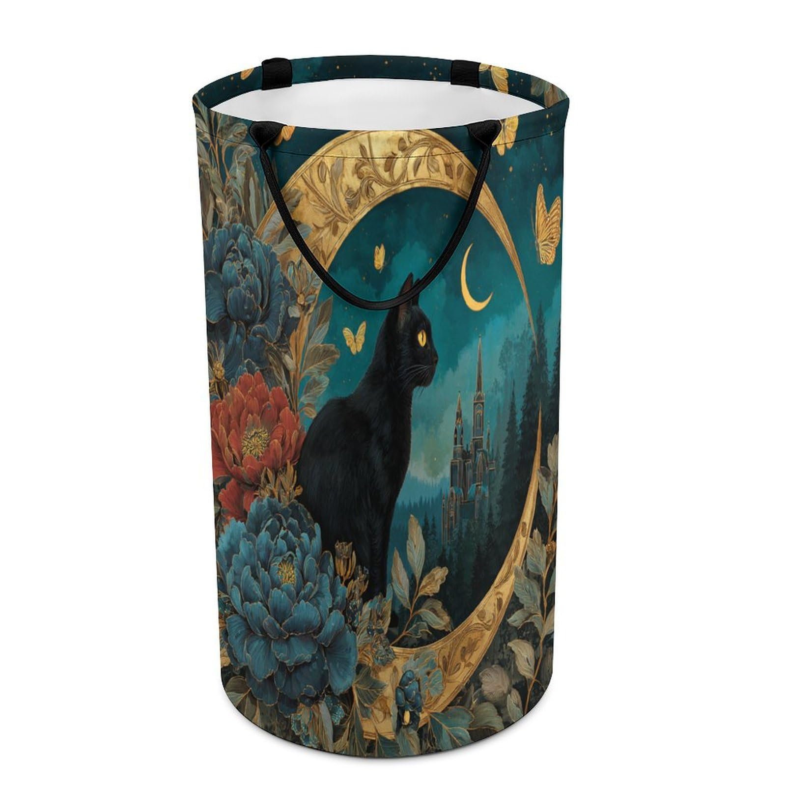 LUYYSKY Beautiful Romantic Black Cat Versatile Storage Laundry Basket, Classic Japanese Starry Sky Castle Plants Floral Animal Butterflies Large Bathroom Hamper With Handle-40 CM Dia, 69 CM High