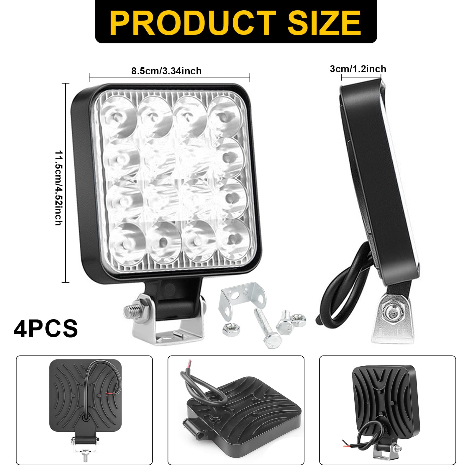 4pcs Mini Ultra Thin LED Work Light, 3.3 Inch 48W Spot Beam 12V LED Strip Light, 6000K White Driving Fog Lamps for Offroad Cars, Trucks, SUVs, ATVs, Boats, and Tractors - Image 2