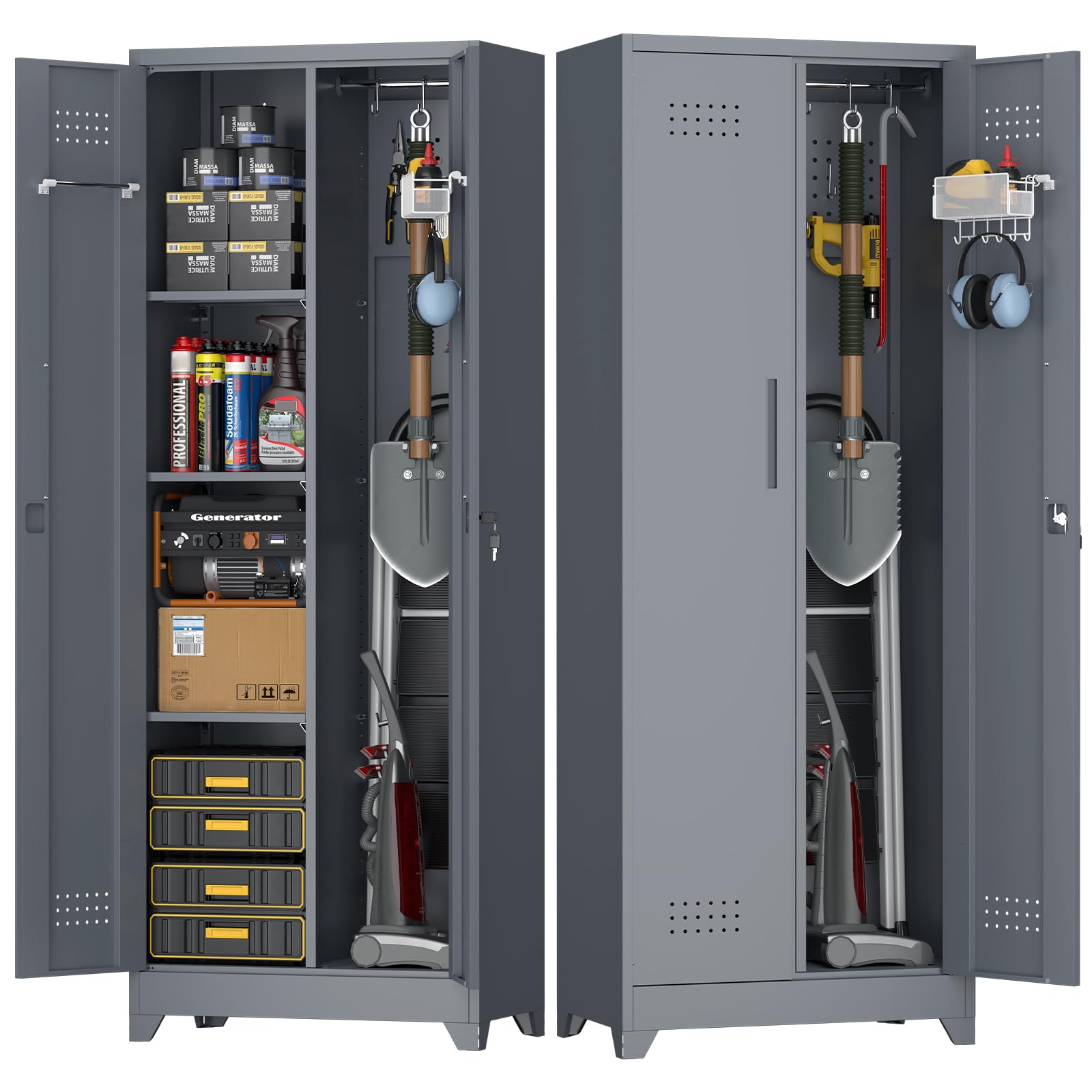 STEELIST Broom Closet Storage Cabinet, Steel Locking Cabinet with Hanging Rod, 65" Cleaning Storage with Doors and Hooks, Tall Broom Tool Cabinets for