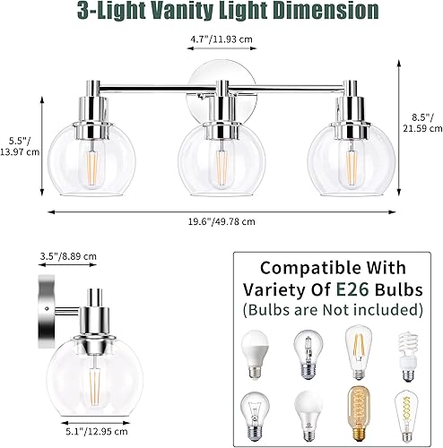 Miniatura 2 de Espird 3 luces cromadas para tocador de baño, luces de baño sobre el espejo, aplique de pared industrial y de granja, 3 luces, globo cromado pulido