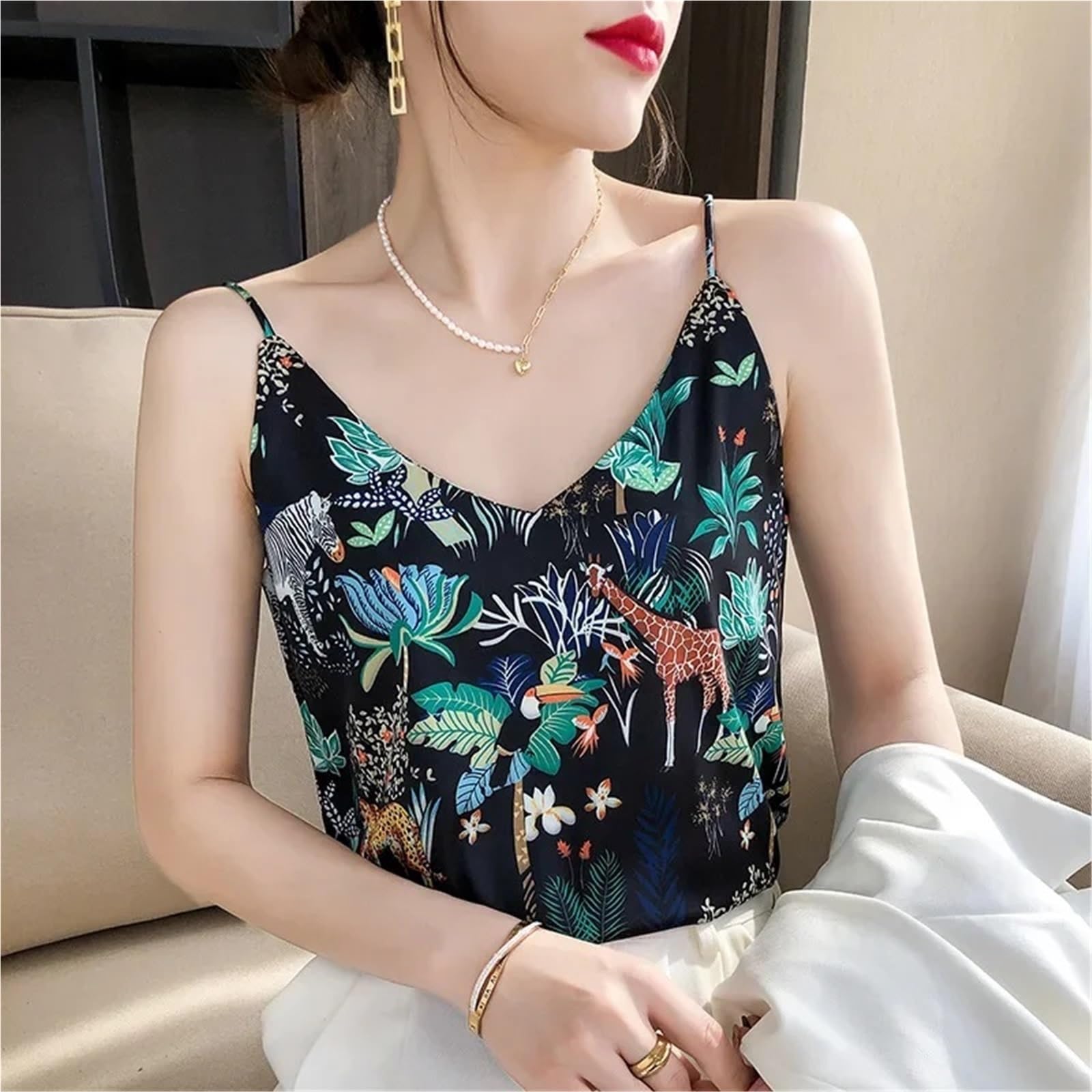 Camisola Estampada con Cuello en V, Camiseta sin Mangas de satén, Camisola Floral pequeña, Top Verano for Mujer 1 Uds para Fiestas Y Vacaciones