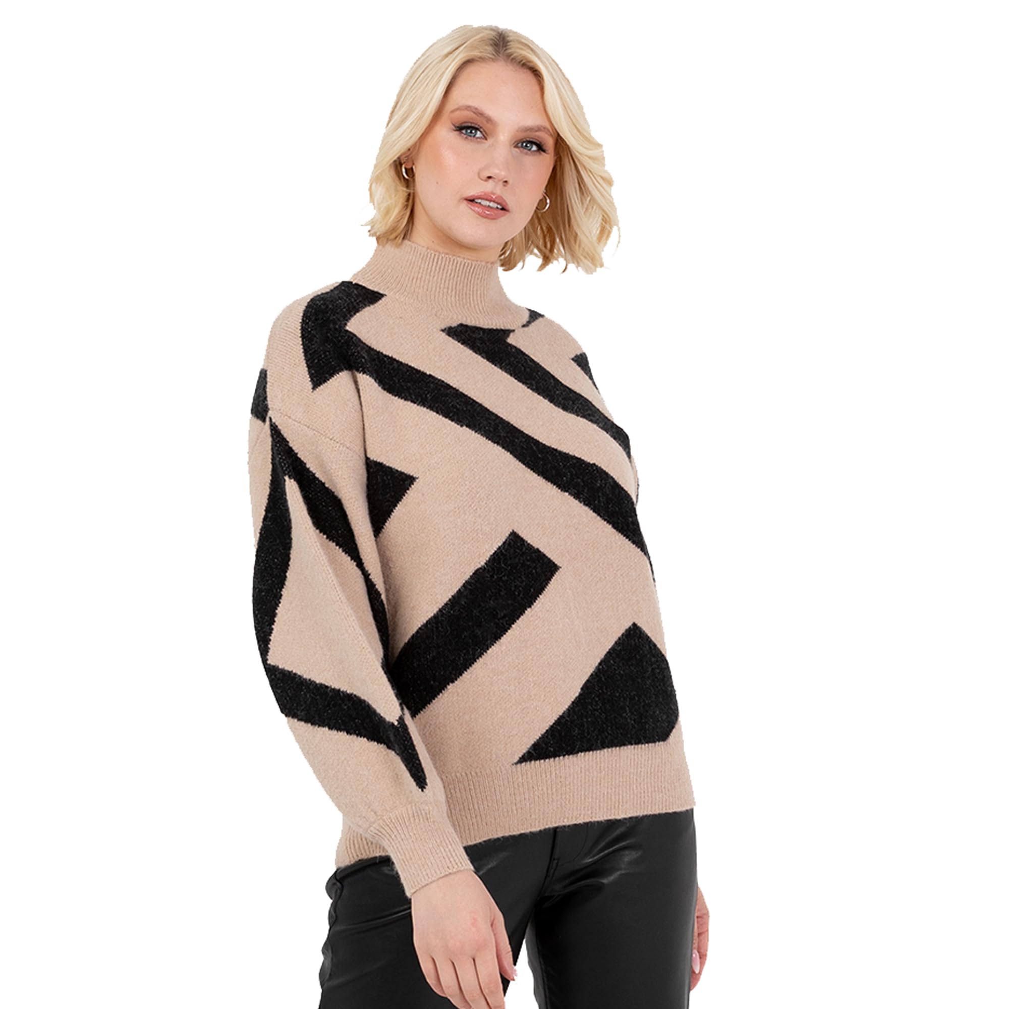 Lovedrobe Women's Camel Jumper High Neck Long Balloon Sleeve Sweater Geometric Jacquard Button Detail Casual Knitwear Pullover, 12-14