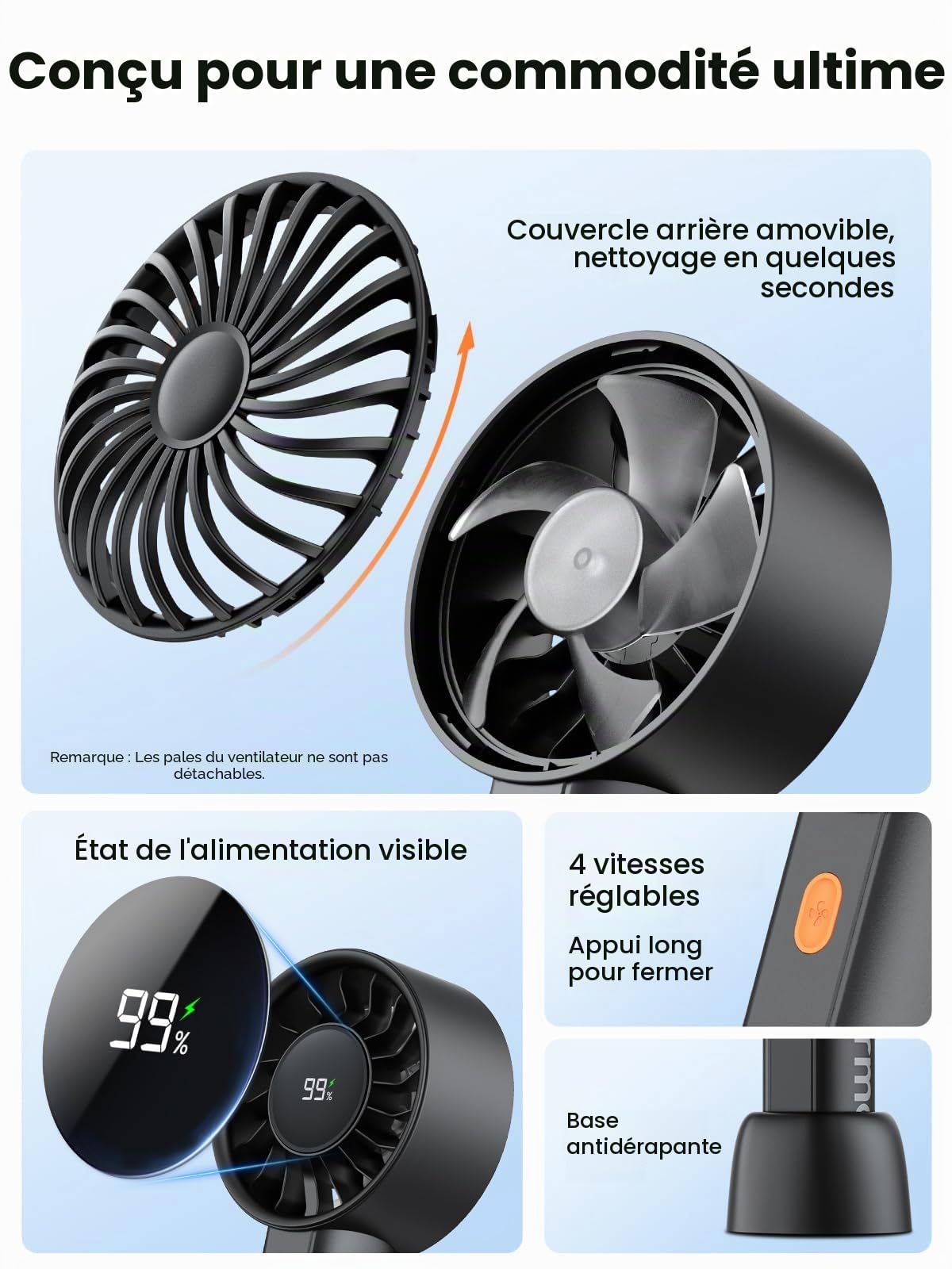 Warmco Ventilateur turbo portable 5000 mAh (jusqu'à 15 h d'autonomie), mini ventilateur personnel à 4 vitesses avec base et cordon, écran LED intelligent, rechargeable par USB, format de poche pour