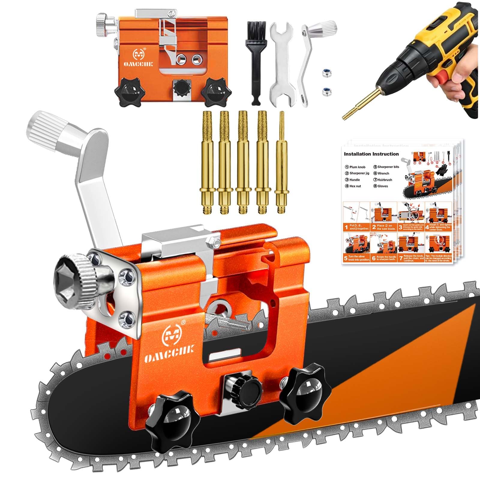 Chainsaw Sharpener Jig with 5 High Hardness Titanium Plated Diamond Bits, Universal for 4"-22" Chainsaws