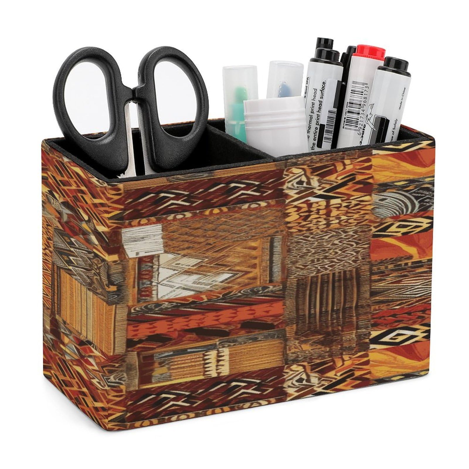 VstaDank African Textile Patchwork Pencil Holder for Desk(Double Slots) Fashion Leather Pencil Cup Simple Rectangular Shape Pen Holder Multi-Functional Pen Cup for Home Office Supplies Storage