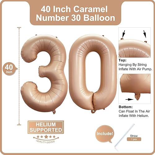 Miniatura 2 de Globo de 40 pulgadas con número caramelo, 30 dígitos gigantes, papel de aluminio de Mylar de helio, retro, albaricoque, beige, para fiesta de 30
