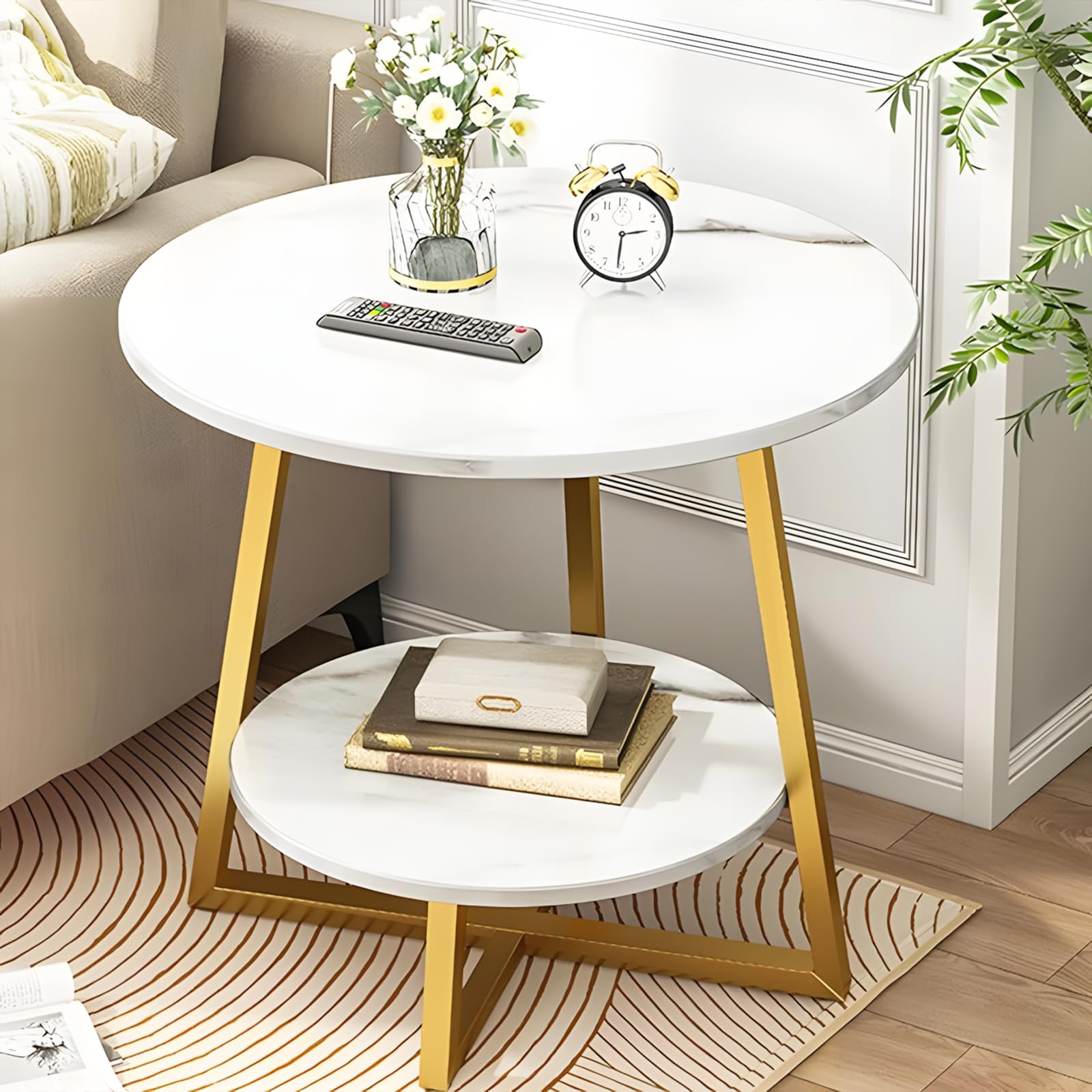 Mesa de Centro Redonda Nido,Mesas Auxiliares de Sofá con Acento Moderno, con Marco de Metal Cruzado y Tablero de Densidad para Sala de Estar, Dormitorio, Ofici (Marco Blanco y Dorado)