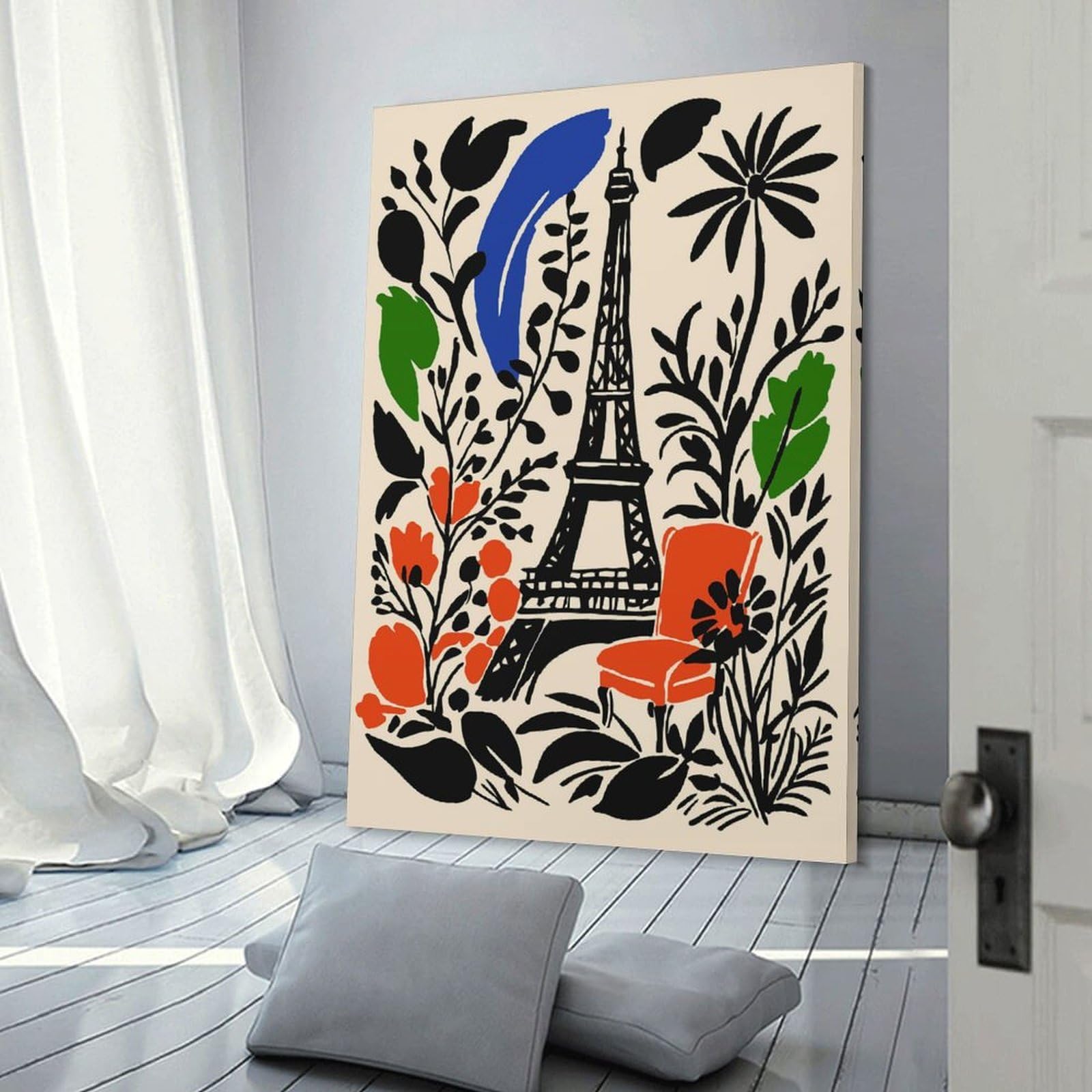 Junmoney Frame-Style-21 Canvas Wall Picture Paris Eiffel Tower Floral Illustration, 08X12inch(20X30cm), For Gallery Wall Decor And Room Displays, Decorative Artwork With Flexible Styling
