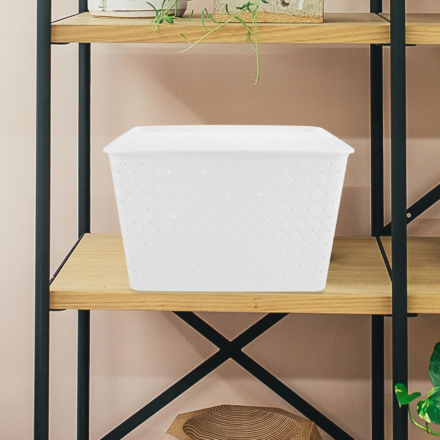 PRETYZOOM White Plastic Storage Baskets with Lid and Handle Small Organizer Bins for Pantry Shelves Laundry Kitchen Cabinets Countertops Under Sink Storage
