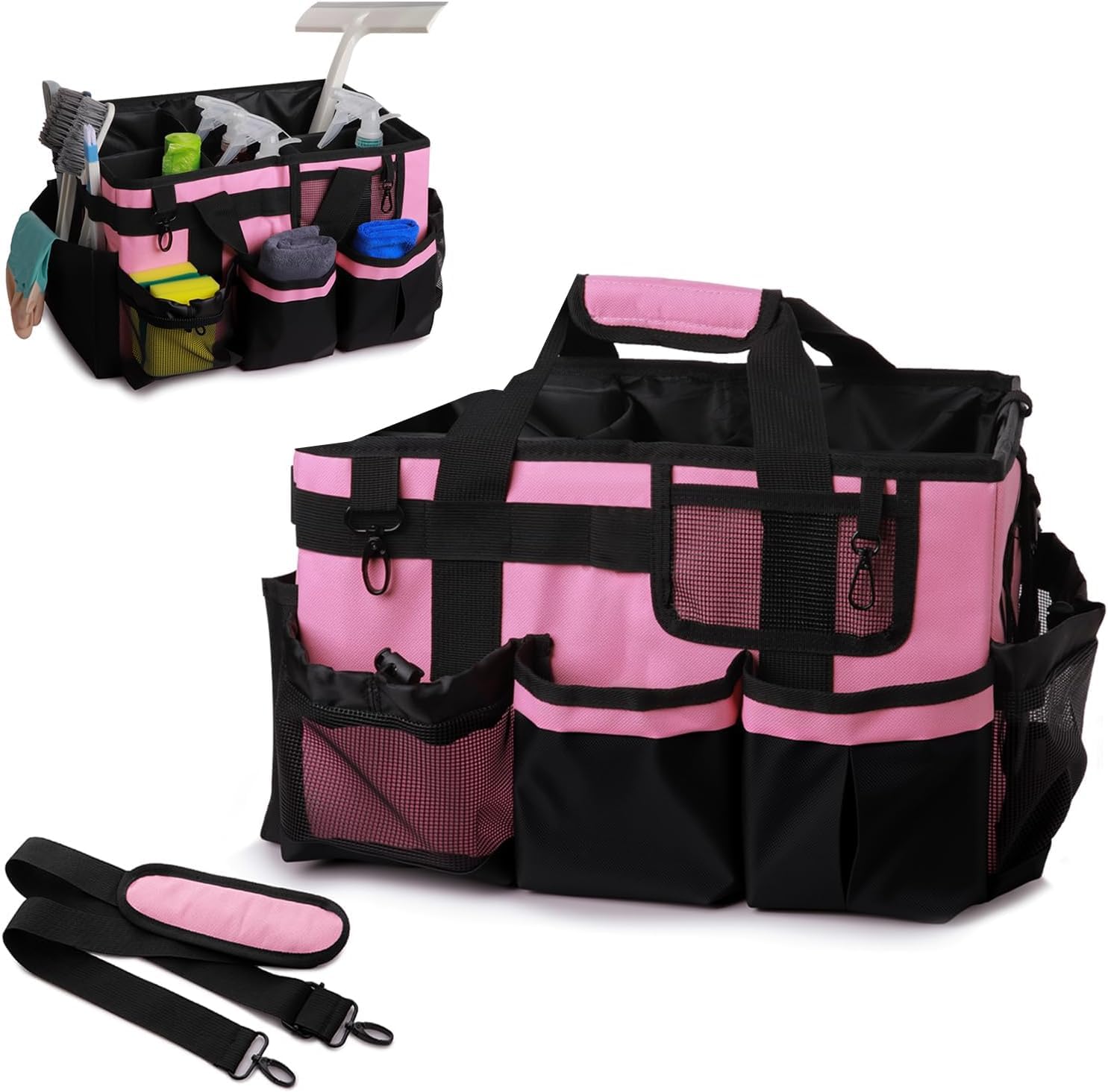 VMEECARL Cleaning Caddy with Handle with 4 Foldable Dividers, Multi-Compartment Cleaning Caddy Bag with Adjustable Shoulder Strap & Waist Belt, Tote Bag Organiser for Housekeepers Cleaners Pink