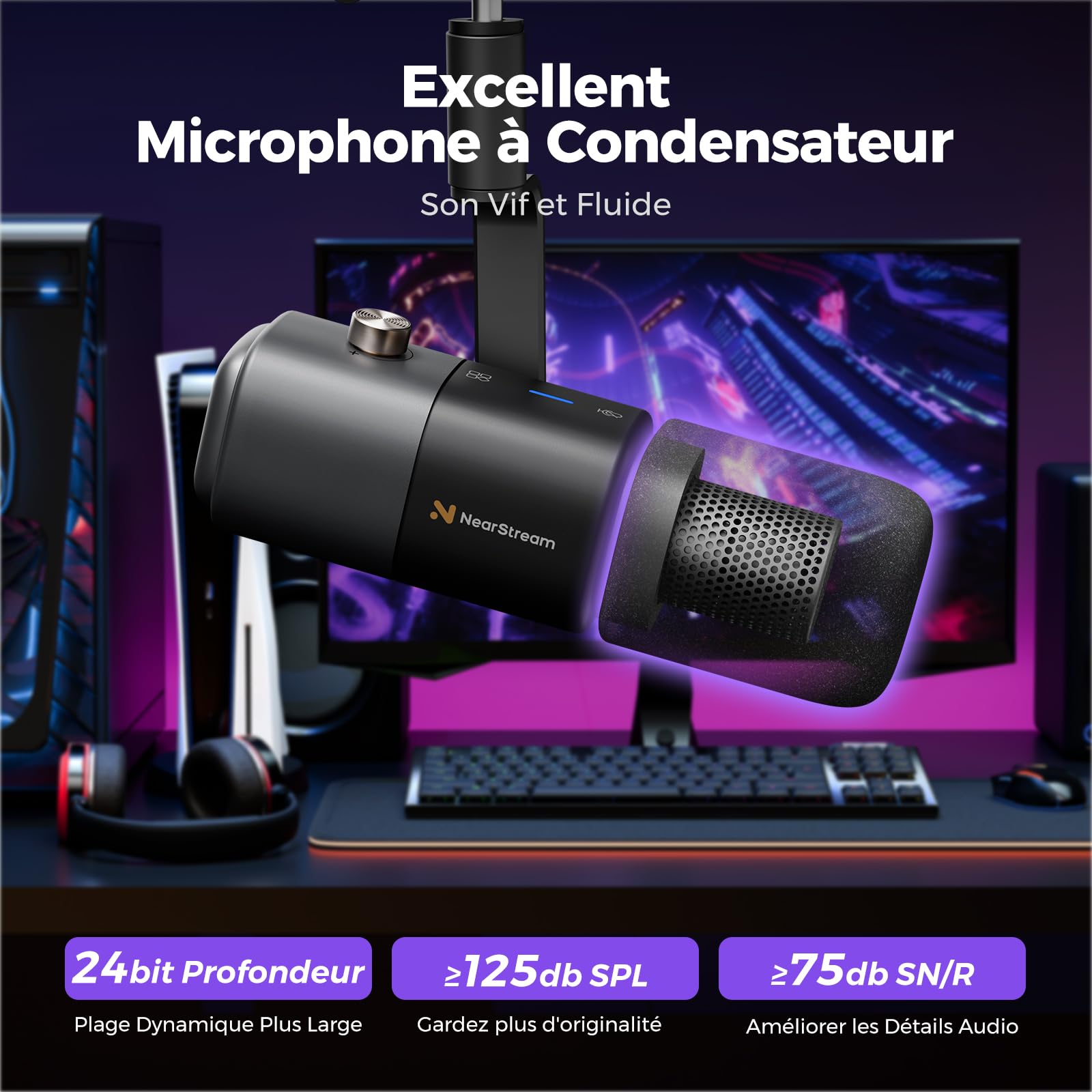 NearStream Microphone à Condensateur USB/XLR Supercardioïde pour Streaming Gaming Podcast, Réduction de Bruit &Monitoring& Muet& Gain Réglable,pour PC, Mac, PS4/PS5, Mixer Audio,Interface Audio,AM20X
