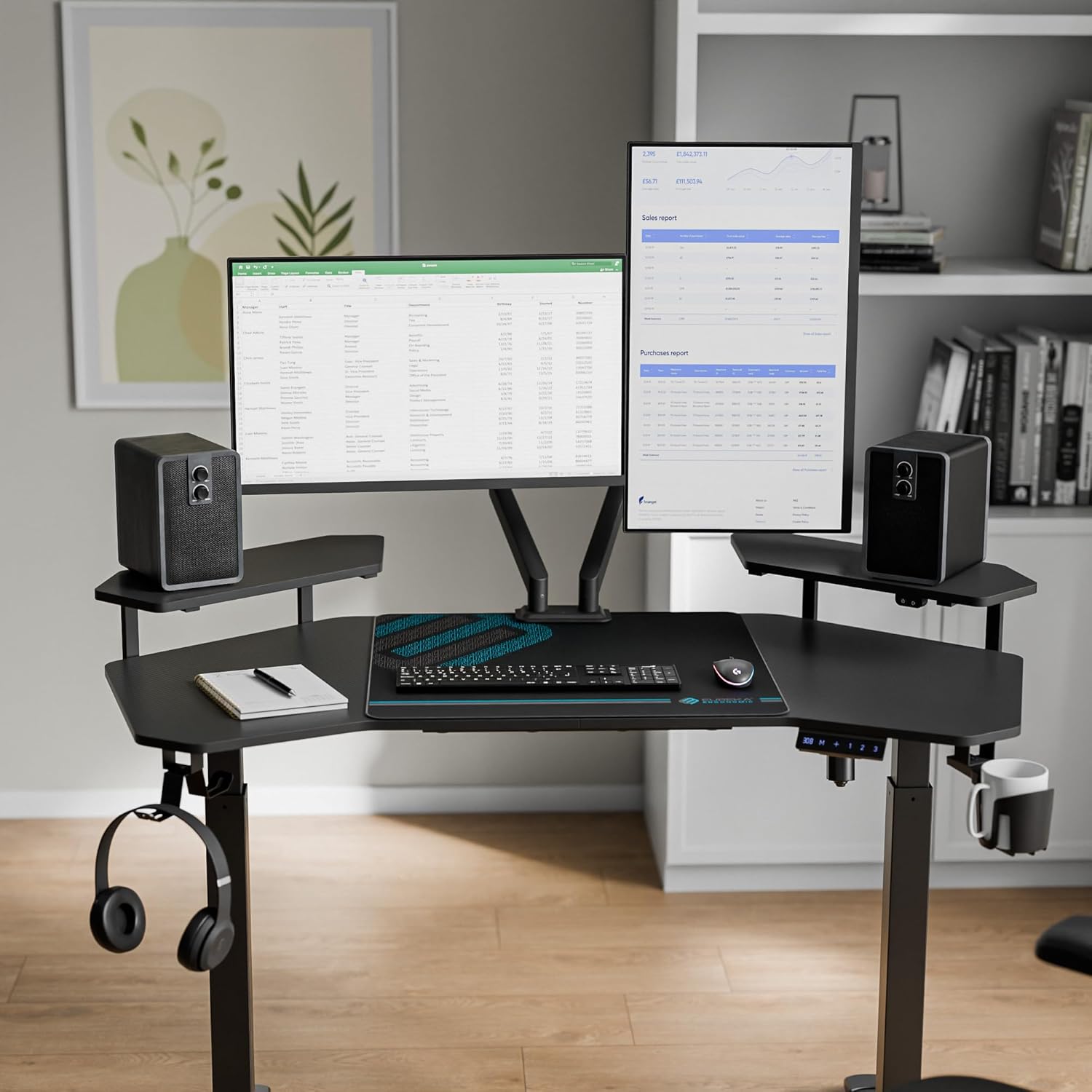 EUREKA ERGONOMIC Aero 55 Inch W Shaped Electric Standing Desk, Height Adjustable Computer Gaming Desk with LED Monitor Shelf, Mouse Pad, Headphone Hook, Cup Holder, Carbon Black