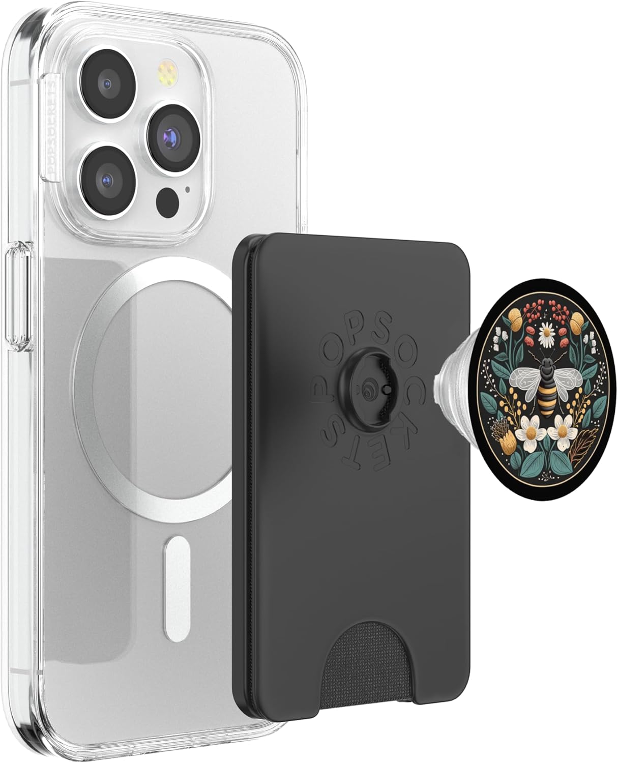 Floral Boho Bee Aesthetic Honey Beekeeper Black PopSockets PopWallet for MagSafe