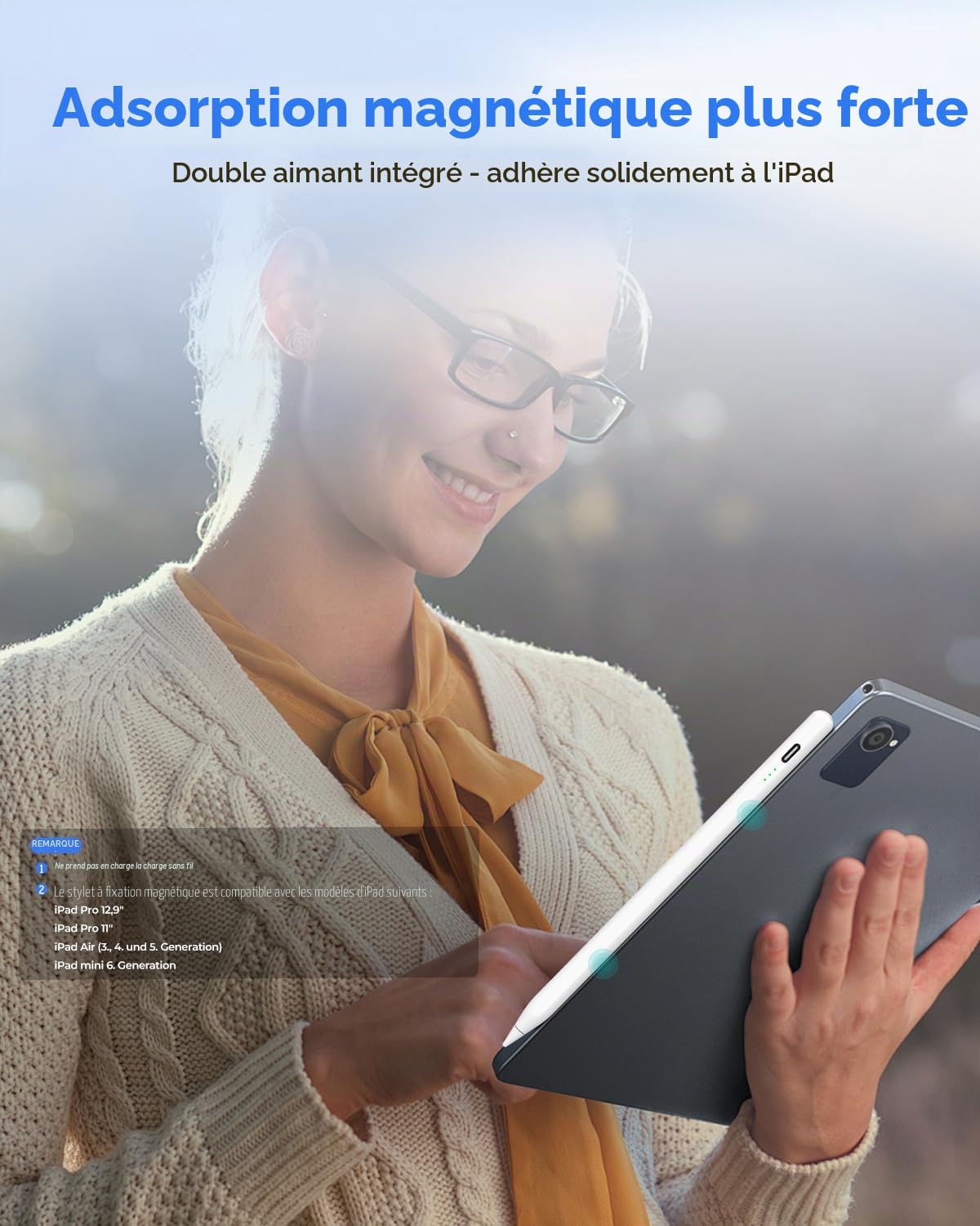 Stylet pour iPad 9e/10e Génération, Charge Rapide 13 Minutes, Pencil Apple iPad (2018-2025) 10/9/8/7/6e, Pro 12,9/11/13 Pouces M4, Air 3/4/5/M2, Mini 5/6/7