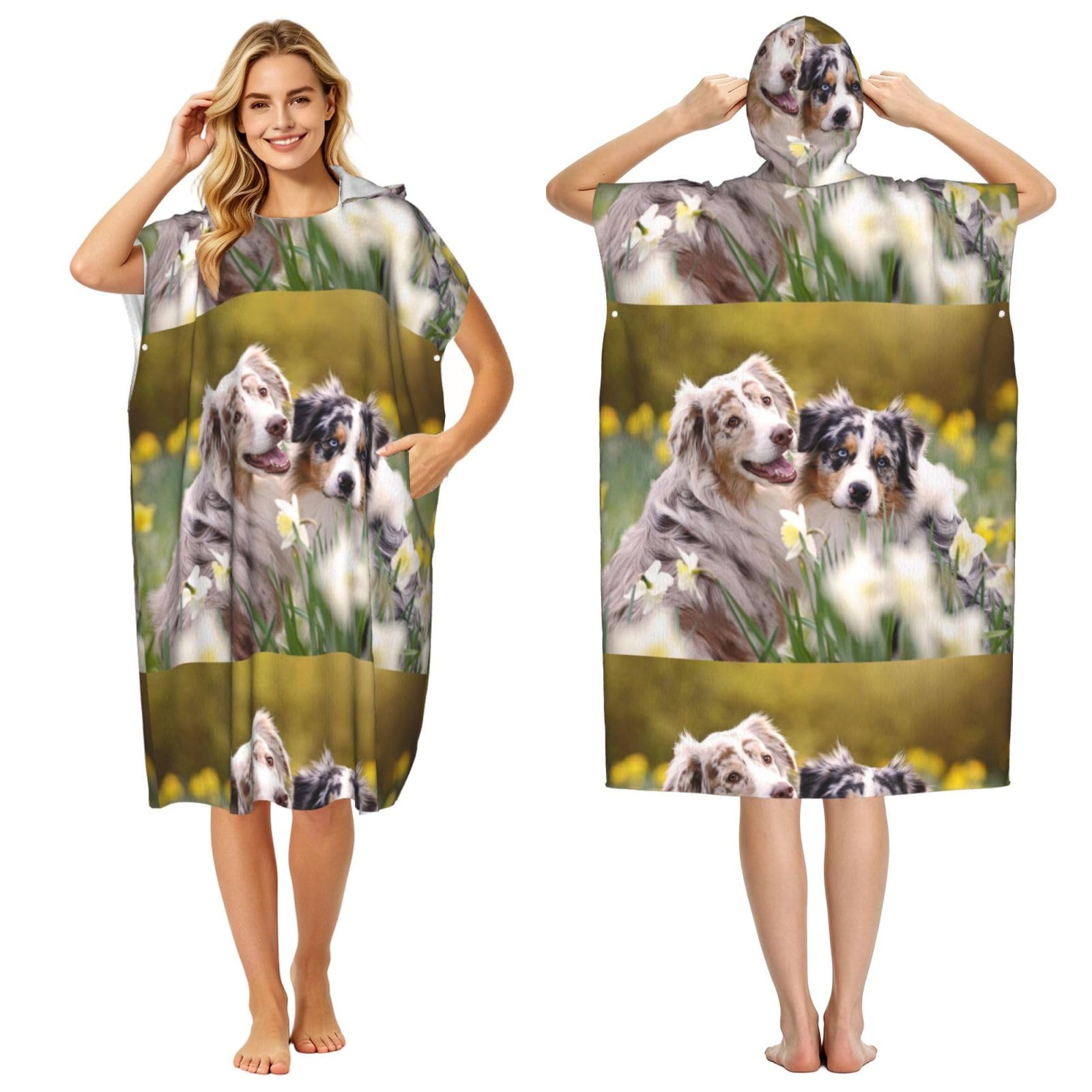 Poadnly Australian Shepherdch, Adult Hooded Beach Towel 90 x 110 cm,Changing Bath Robe, Surf Poncho Towel For Women Men