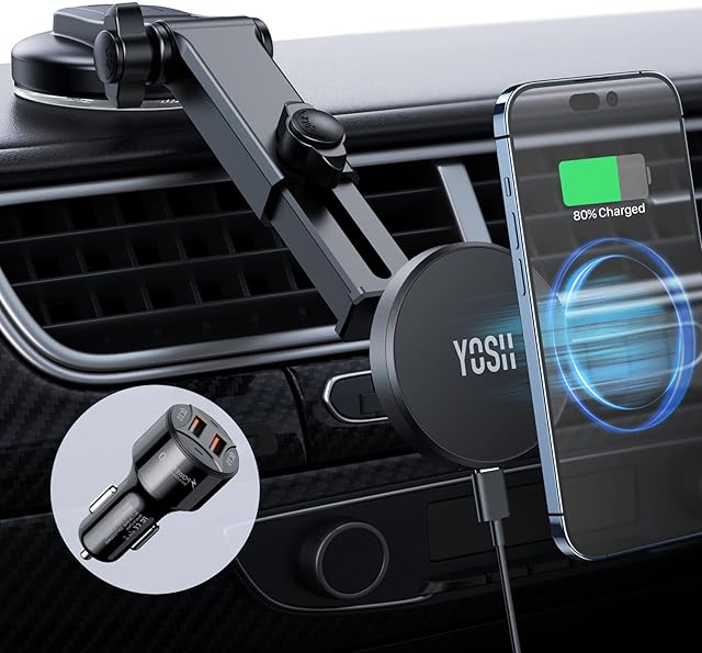 YOSH Mag-Safe Car Charger Mount Dashboard, Magnetic Fast Charging iPhone Wireless Car Charger Mount, Magnet Phone Holder Cradle with 36W Car Charger Adapter for iPhone 14/13/12 Series & Mag-Safe Case