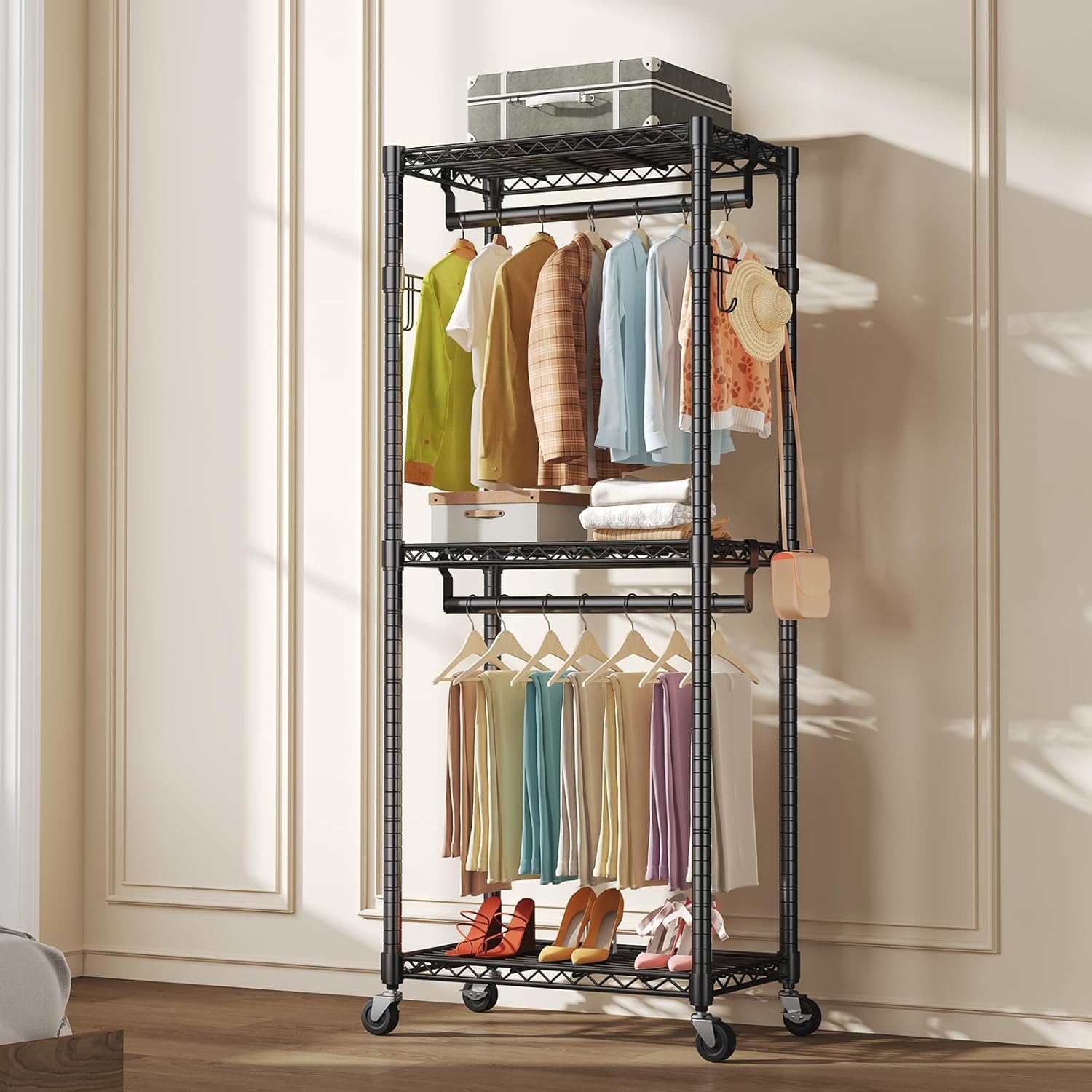 DUMOS Portable Closet, Rolling Clothes Rack, 29" x 15" x 75" Wardrobe Closet with Adjustable Shelves, Metal Garment Rack with Lockable Wheel, for Cloakroom, Bedroom Storage, Laundry Room, Black