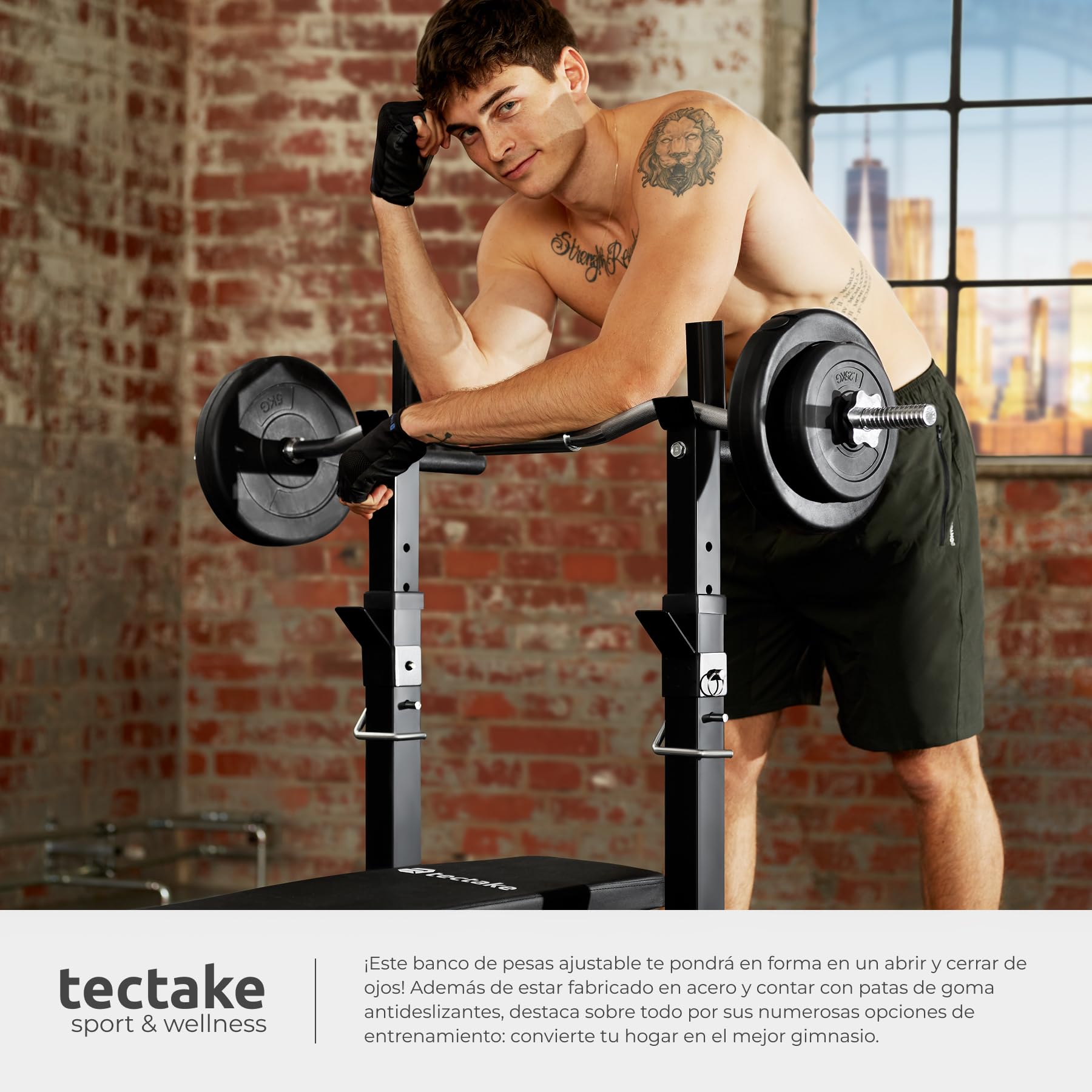 tectake® Banco de Pesas Plegable, Banco Musculación Ajustable, Ideal para Entrenamiento en Casa, Press Banca y Ejercicios de Fitness, con Soporte Barra Pesas, Capacidad de Carga: 150 kg - Negro