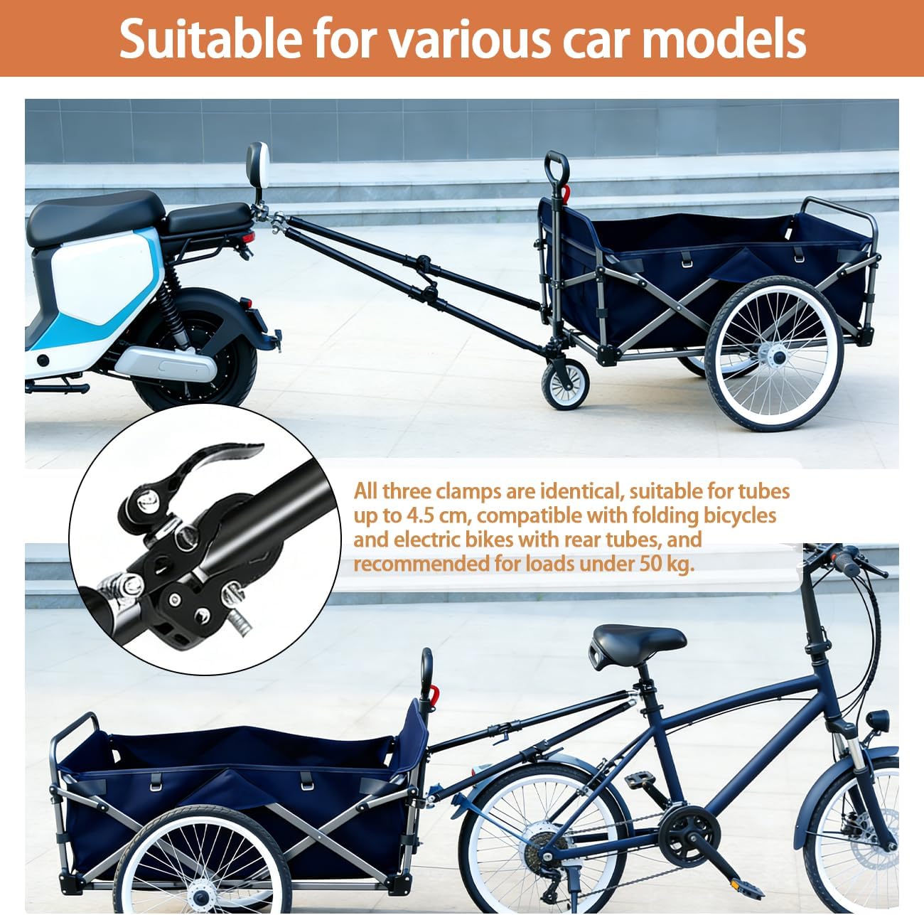 Bike Trailer Hitch Connector, Portable Folding Bicycle Trailer Connector with Quick Release Clamps for Camping Wagon,Steel Garden Cart and Rear Carrier for Camping, Grocery, Shopping