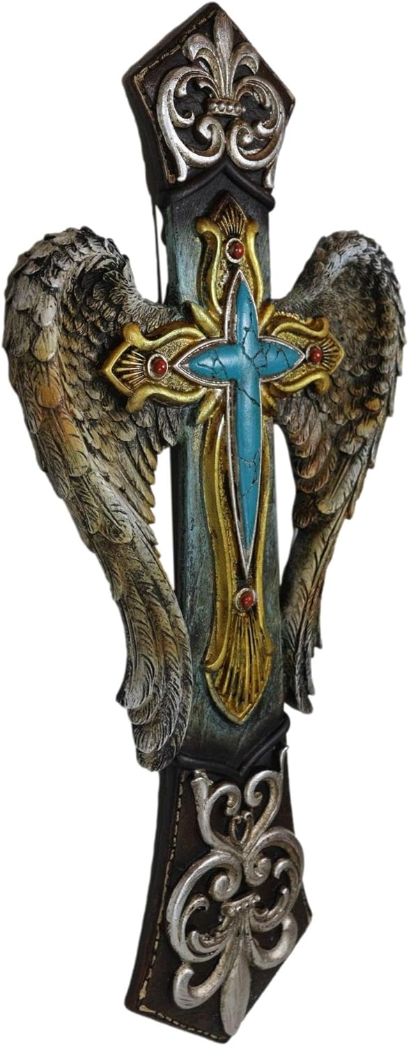 Ebros Gift Rustic Southwest Fleur De Lis Silver Scroll Angel Wings Turquoise Stone Wall Cross Decor Plaque 14" H Christian Inspirational Accent Decorative Crosses