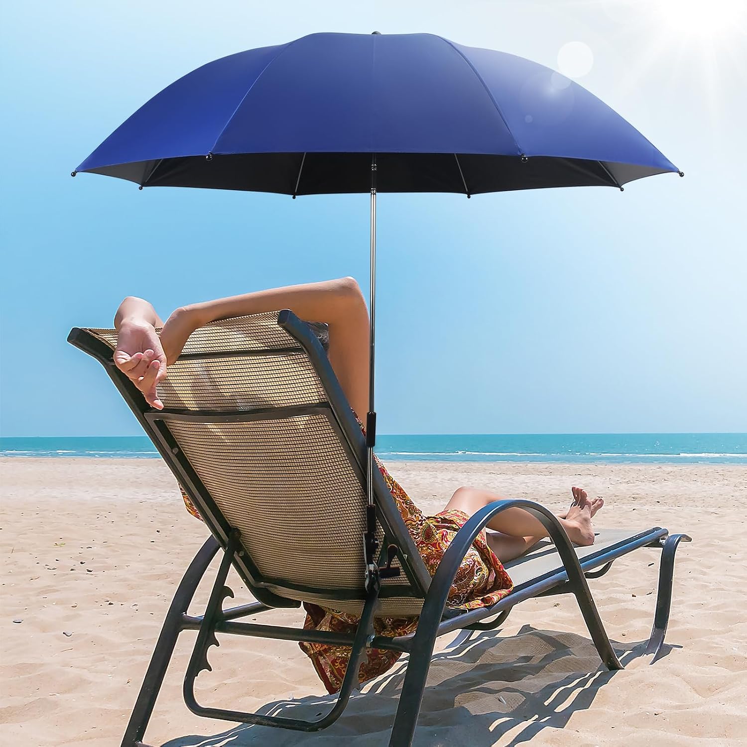 Beach Chair Umbrella with Clamp 360° Adjustable Clip On Umbrella UPF 50+ UV Protection Portable Stroller Umbrellas for Patio Camping Chair, Wheelchair, Golf Carts