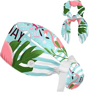 FVQL 2 Pieces Surgical Cap for Long Hair Scrub Cap with Hairband Nurse Cap, Animal Flamingo Bird