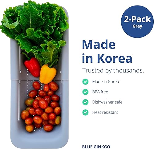 Miniatura 10 de BLUE GINKGO Cestas coladoras para fregadero, paquete de 2, lavar verduras y frutas, drenar pasta cocida y platos secos, extensibles, nuevos