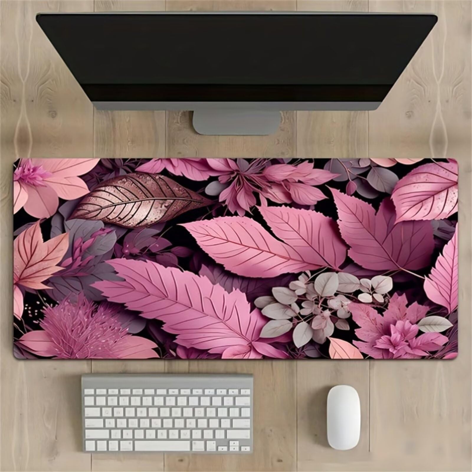 Tappetino Mouse Gaming XXL 1200x600x3 mm, Tappetino da Scrivania Grande, con Bordi Cuciti Rinforzati, Base in Gomma Antiscivolo, Tappetino per Tastiera Lavabile per PC e Laptop, Foglie Rosa