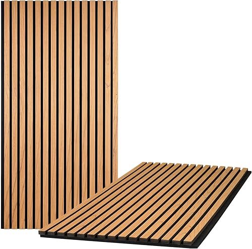 Paneles de pared de listones de madera, paquete de 2 paneles acústicos de 46.46 x 23.82 pulgadas, panel de pared acanalado 3D que absorbe el sonido