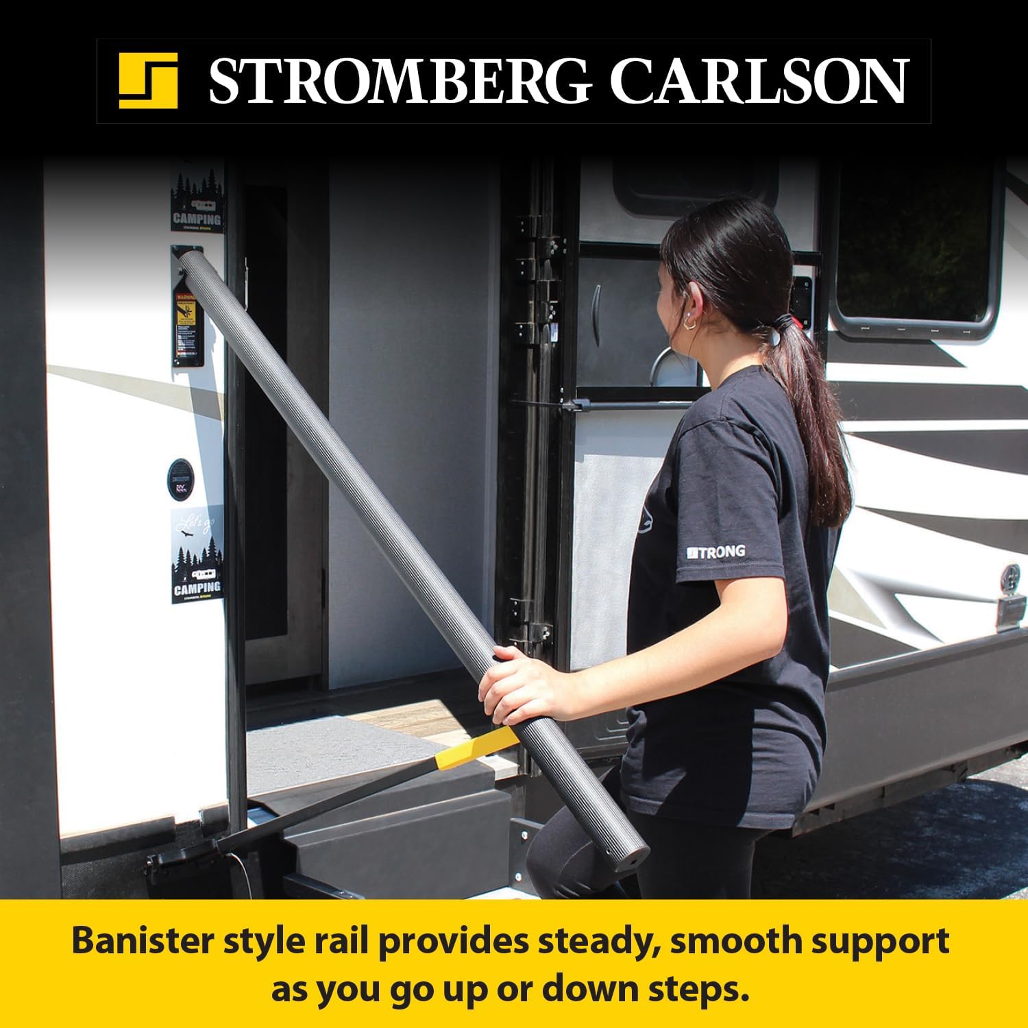 Stromberg Carlson AR-50 Lend-A-Hand Banister Rail - RV Handrail for Safe & Steady Support on Outdoor Steps, Ribbed Grip Tubing, Folds Flat & Locks Easily, 50 Inches Rail for Triple & Quad RV Steps