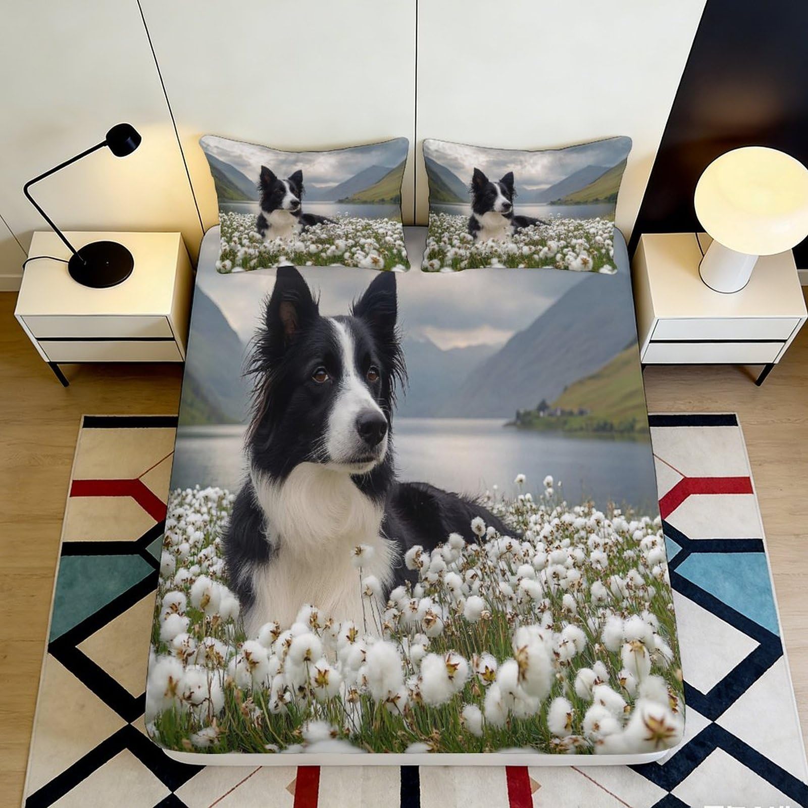 3D Printed Border Collie Fitted Sheet Microfiber Soft Breathable Dog Floral Mattress Cover for Bedroom Dormitory Guest Room Mattress Protection Decor 90x200x25cm