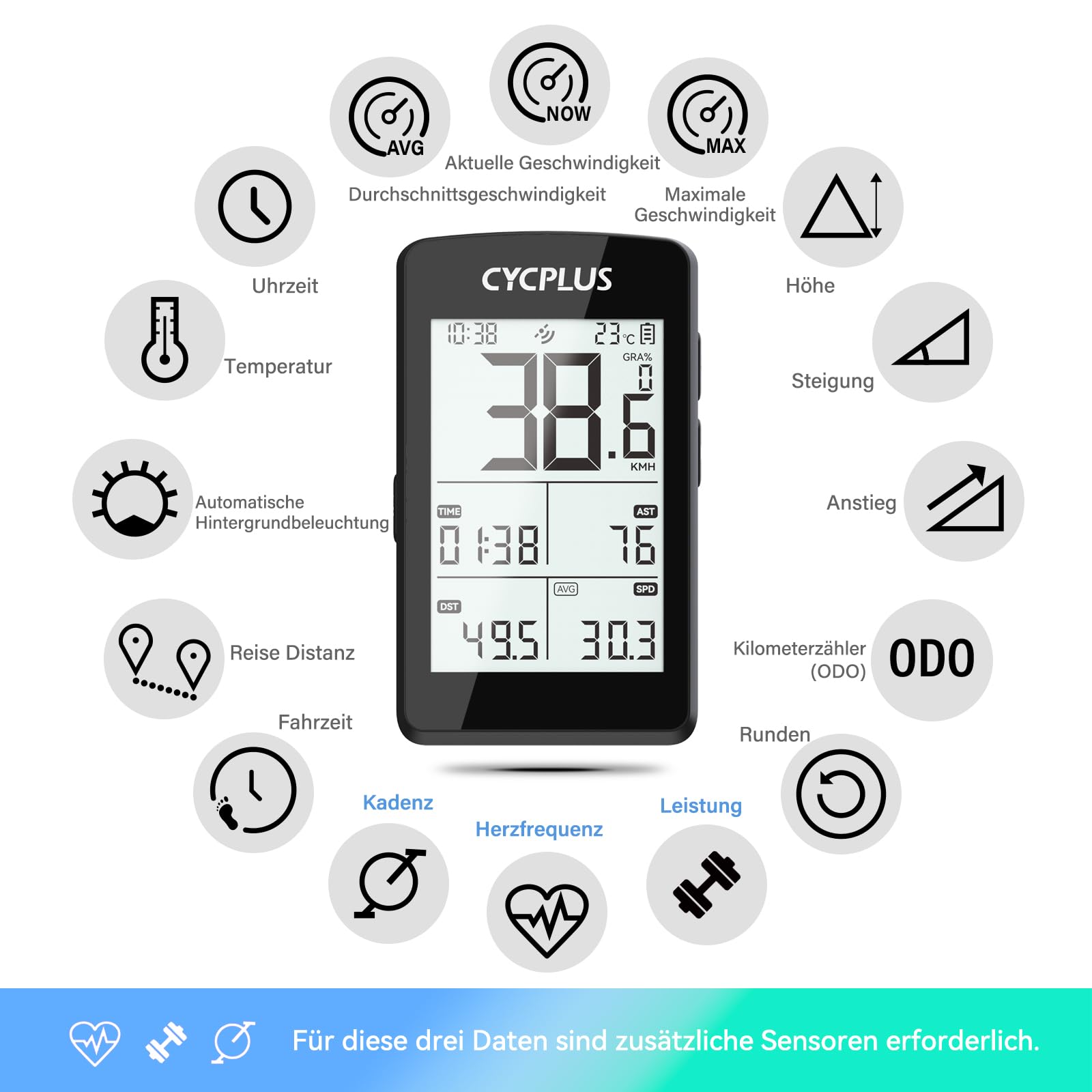 CYCPLUS GPS Fahrradcomputer, ANT+ Fahrradcomputer GPS mit Bluetooth5.0, 2,8-Zoll-LCD-Bildschirm, Fahrradtacho mit 100+ Stunden Akkulaufzeit und automatischer Hintergrundbeleuchtung, IP67 wasserdicht