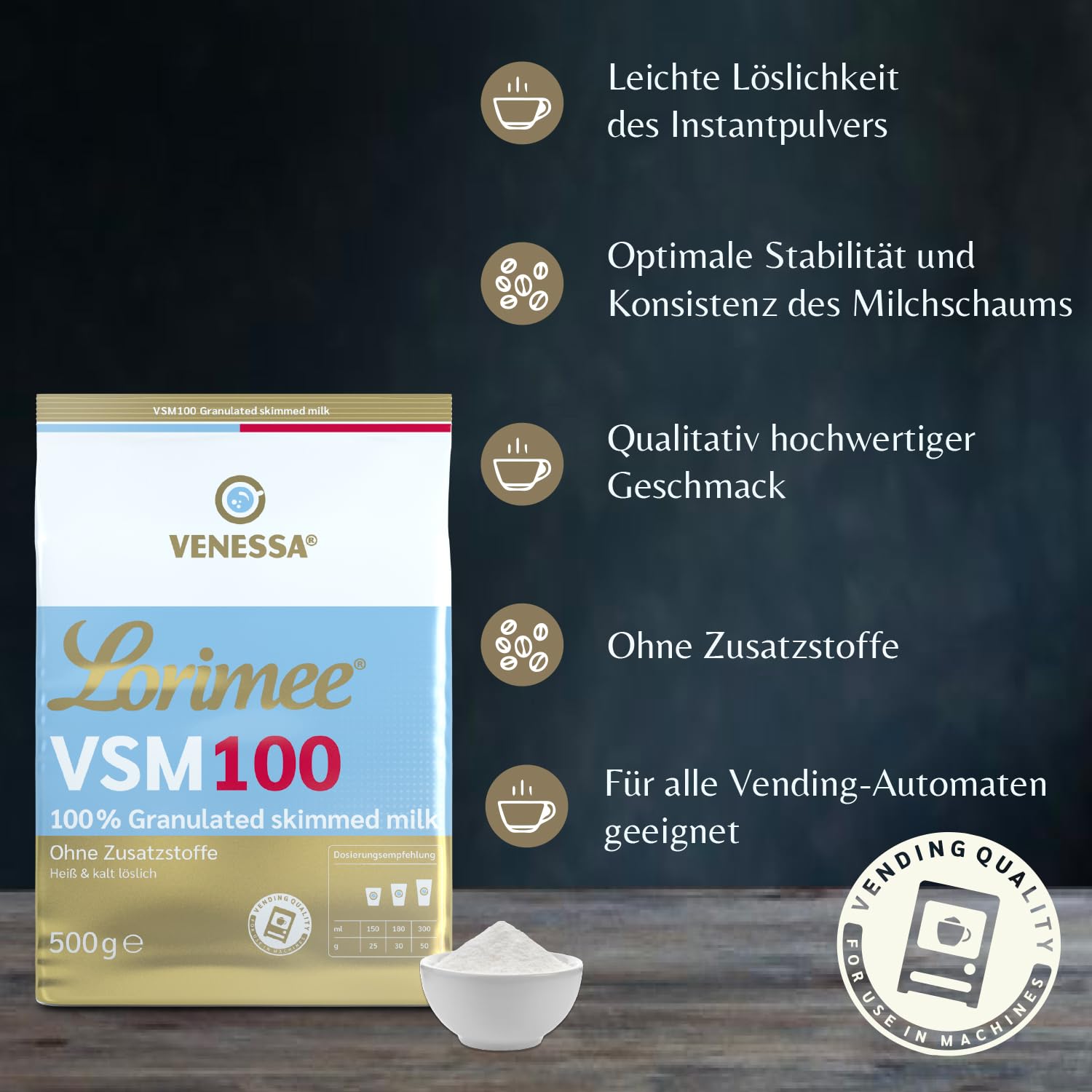 Venessa VSM 100 Lorimee 10 x 500 g odtłuszczonego mleka w proszku granulat wysokiej jakości Skimmed Milk w proszku do udoskonalania kawy z mleka, nadaje się do wszystkich produktów Vending