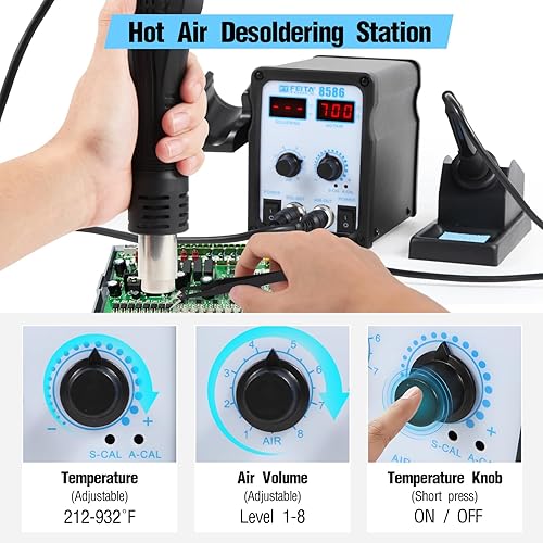 Miniatura 3 de FEITA 8586 SMD Estación de retrabajo de aire caliente 2 en 1 Soldador digital y pistola de aire térmico con 5 puntas de soldadura, 1 ventosa de