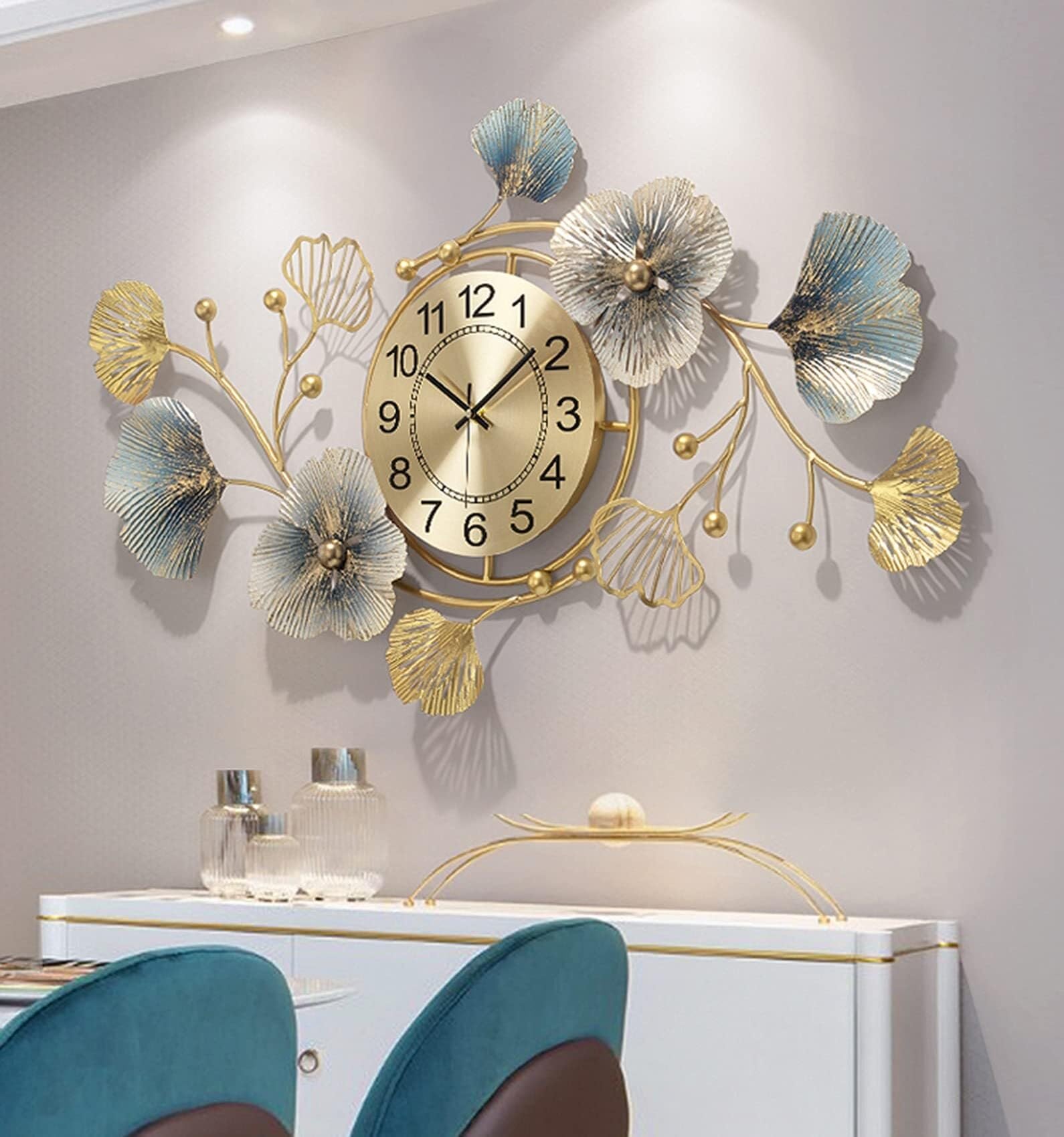 SaryEdge Large Wall Clock, Modern Metal Ginkgo Leaf Art Wall Decor for Living Room Cafe Restaurant Clock, 83CM,