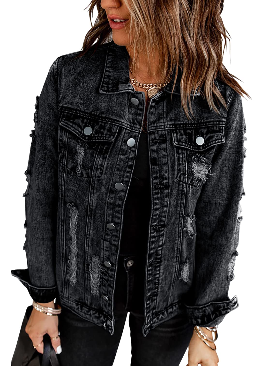 Necooer Denim Jeansjacke Distressed Authentics Damen Jeansjacke