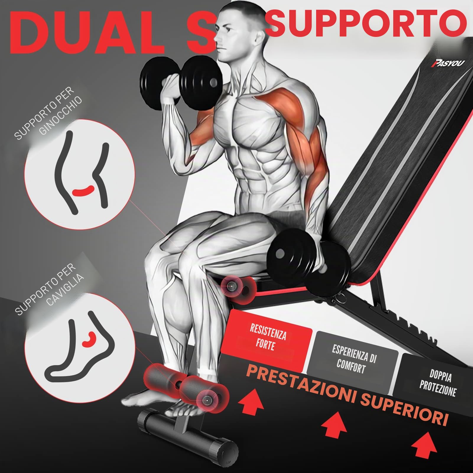 PASYOU Panca Palestra Multifunzione, 7 in 1 Panca Pesi Regolabile,Panca Addominali, Panca Piana Pieghevole Fitness Adatto per Casa e Palestra, 230Kg Capacità di Peso PA300