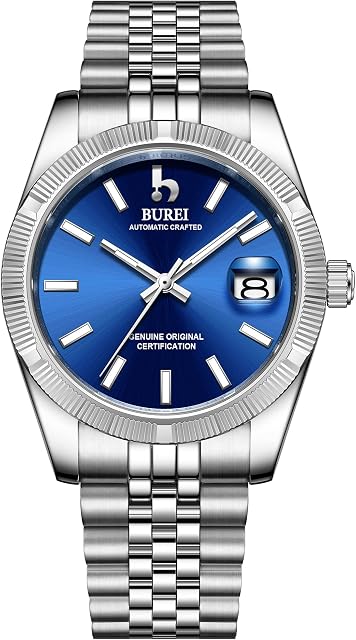 BUREI Men Automatic Watches 24 Dial Analog Date Window Date Sapphire Crystal Lens with Stainless Steel Band