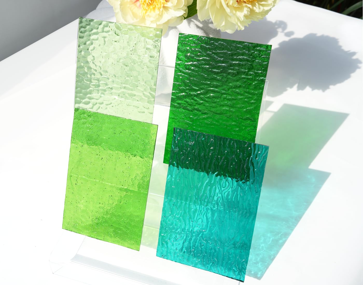 CHICSHIS Transparent Green Stained Glass Sheets for Craft – 4 Pack 6x4 inch Colored Cathedral Glass Textured Sheets for DIY Mosaic Projects and Art Panels
