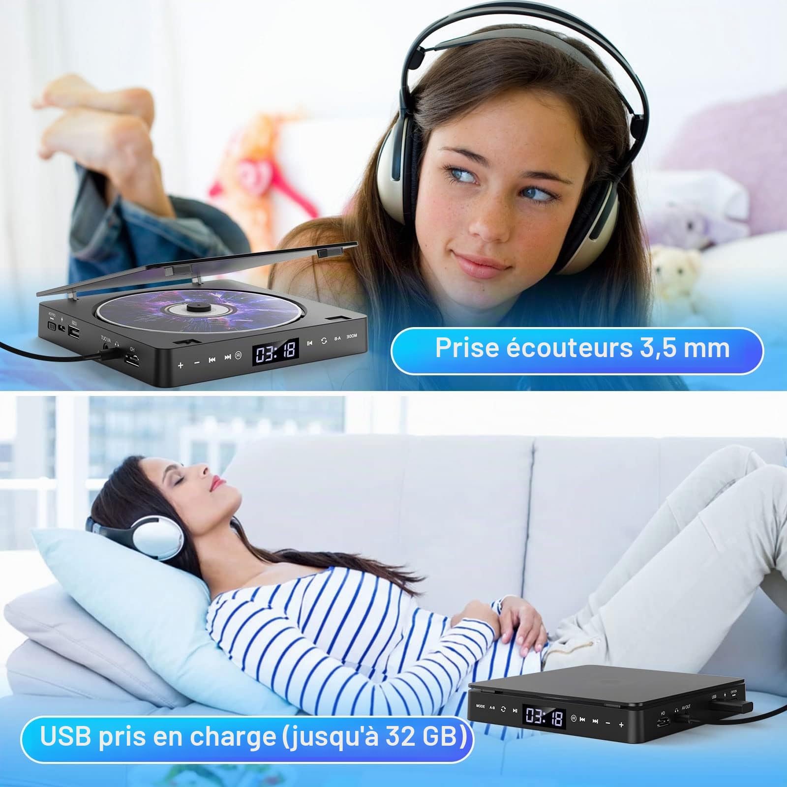 Gueray Mini Lecteur DVD CD Portable pour TV Toutes Les Régions HD 1080p USB 3.5mm Aux Télécommande HDMI AV
