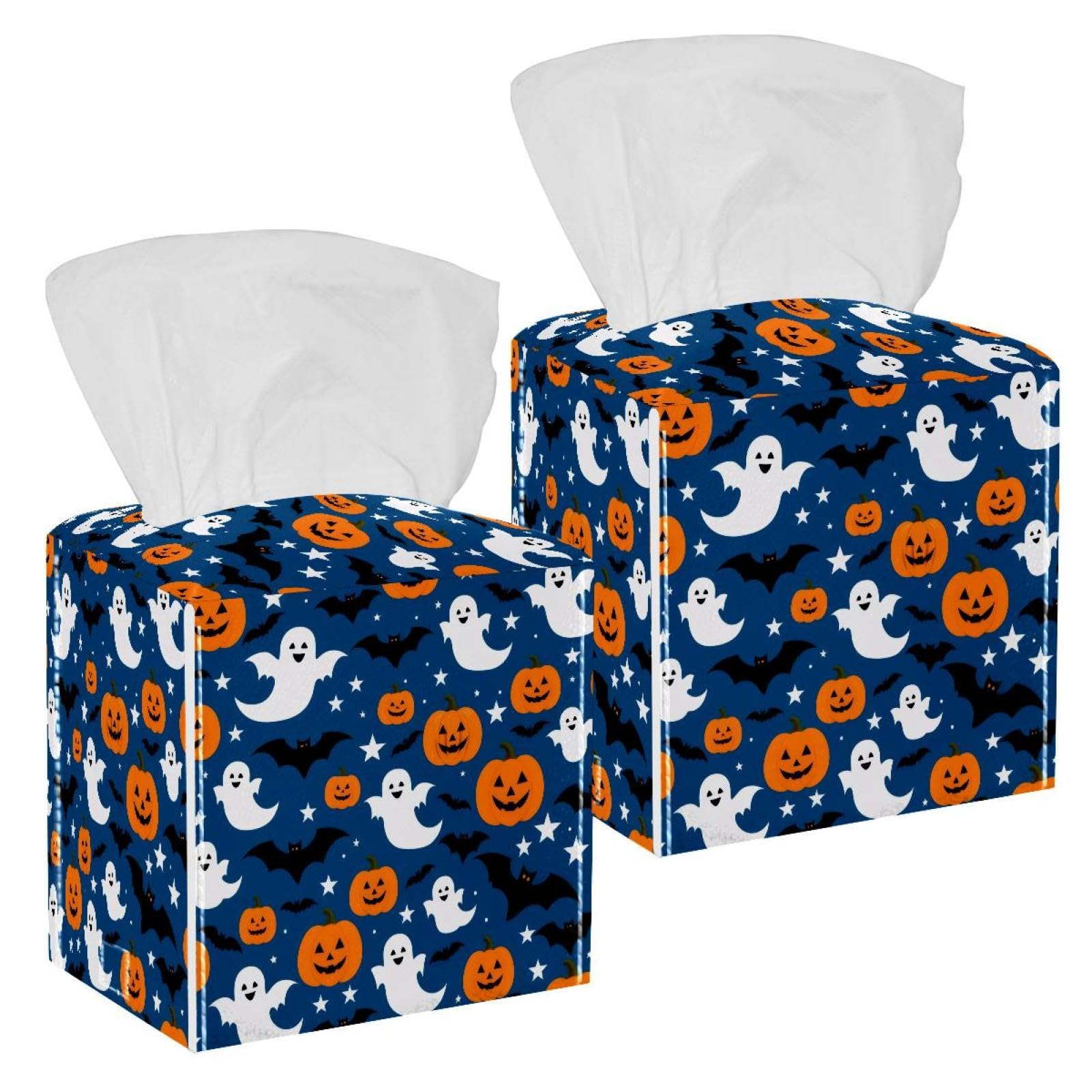Halloween Pumpkins Bats Tissue Box Cover, 2 Pack PU Leather Square Facial Tissue Dispenser Box holder for Home Office Car