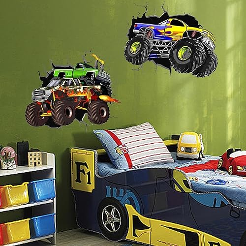 Miniatura 3 de PLIGREAT Calcomanías de pared grandes de camión monstruo, calcomanías de pared de vinilo removible 3D agrietado para adolescentes, sala de juegos,