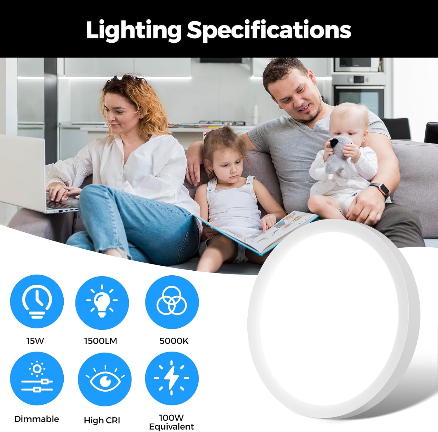 7Inch Flush Mount LED Ceiling Lights 100W Equivalent 5000K Daylight White, 15W 1500LM Dimmable Flat Surface Mount Ceiling Light, Small Round Light Fixtures for Closet Basement Hallway Kitchen, 1 Pack