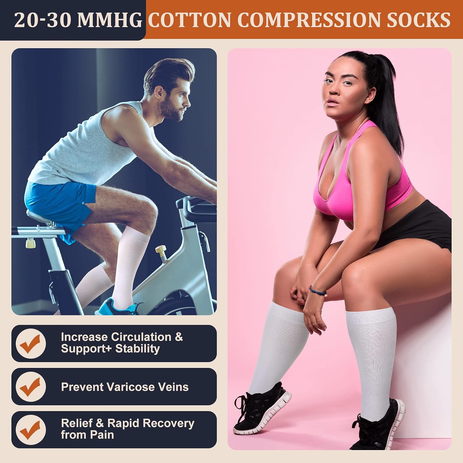 Tisancy 4 Pairs Cotton Compression Socks for Women Men 20-30 Mmhg Knee High Support Socks for Nurse Pregnant Sports Travel