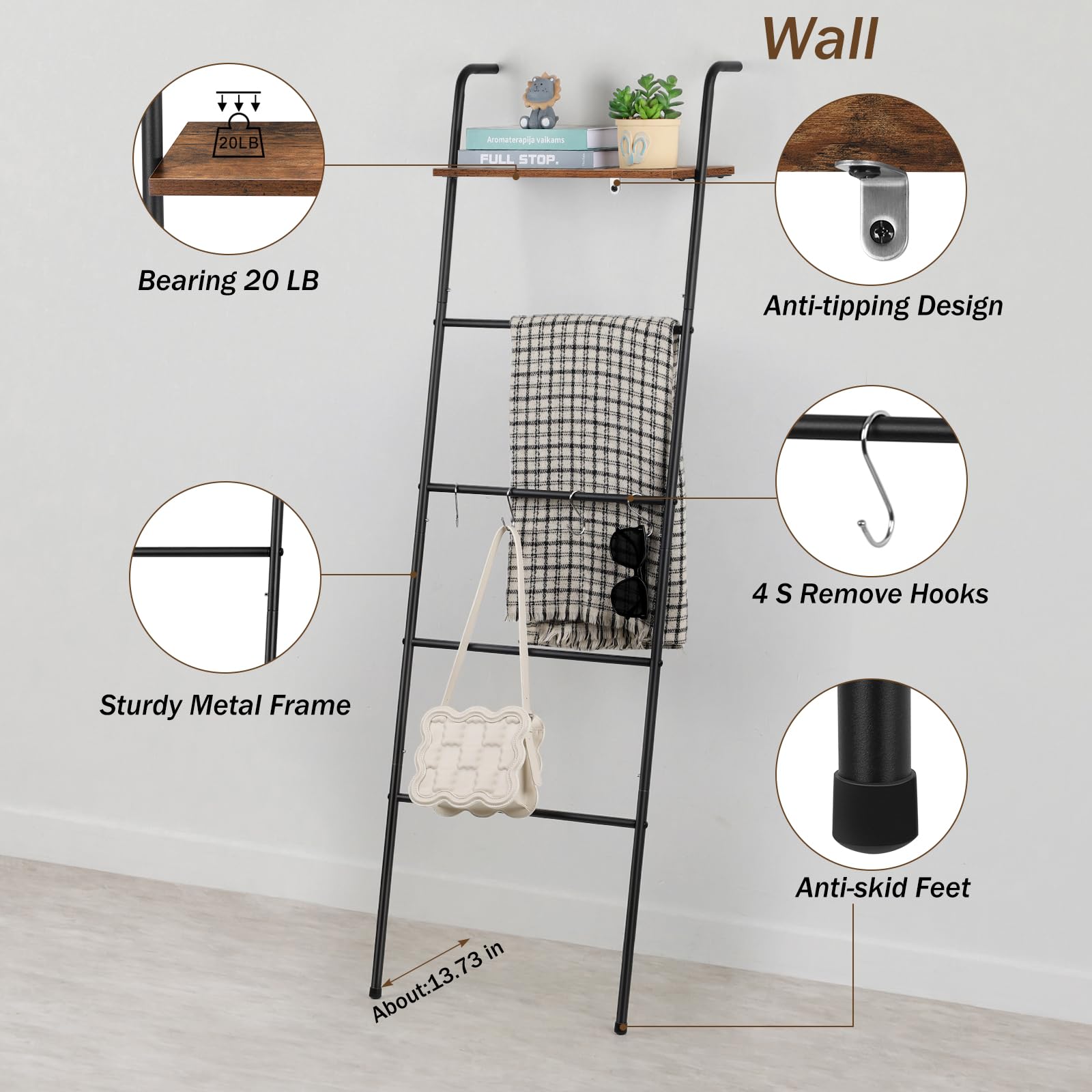 OYEAL 2 Pack Blanket Ladder Shelf, 5-Tier Pool Towel Rack Outdoor with Hooks, Wall-Leaning Decorative Blanket Holder, Farmhouse Blanket Storage for Living Room, Bedroom, Bathroom