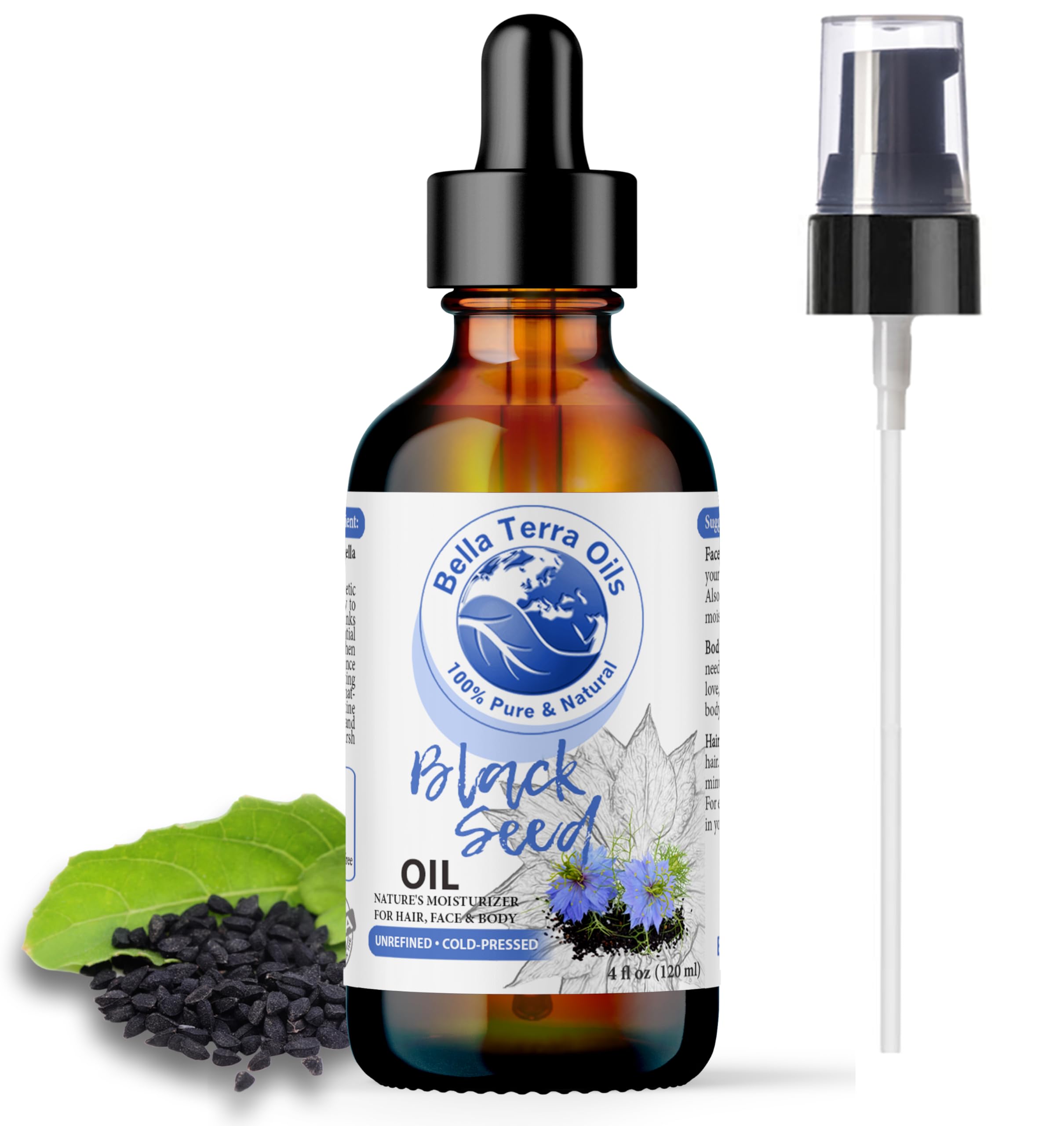 Bella Terra OilsBlack Seed Oil 4oz - Luxuriate in The Richness of Nigella Sativa, High in B-Vitamins, for a Naturally Beautiful Skin
